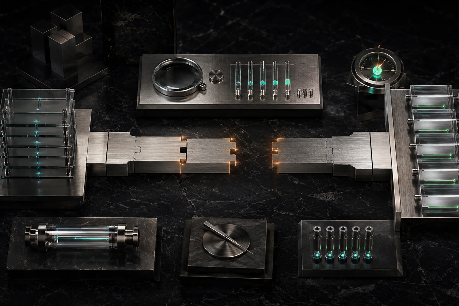 Five precision evidence modules surround a capital bridge with visible missing links before expected dilution can be defended.