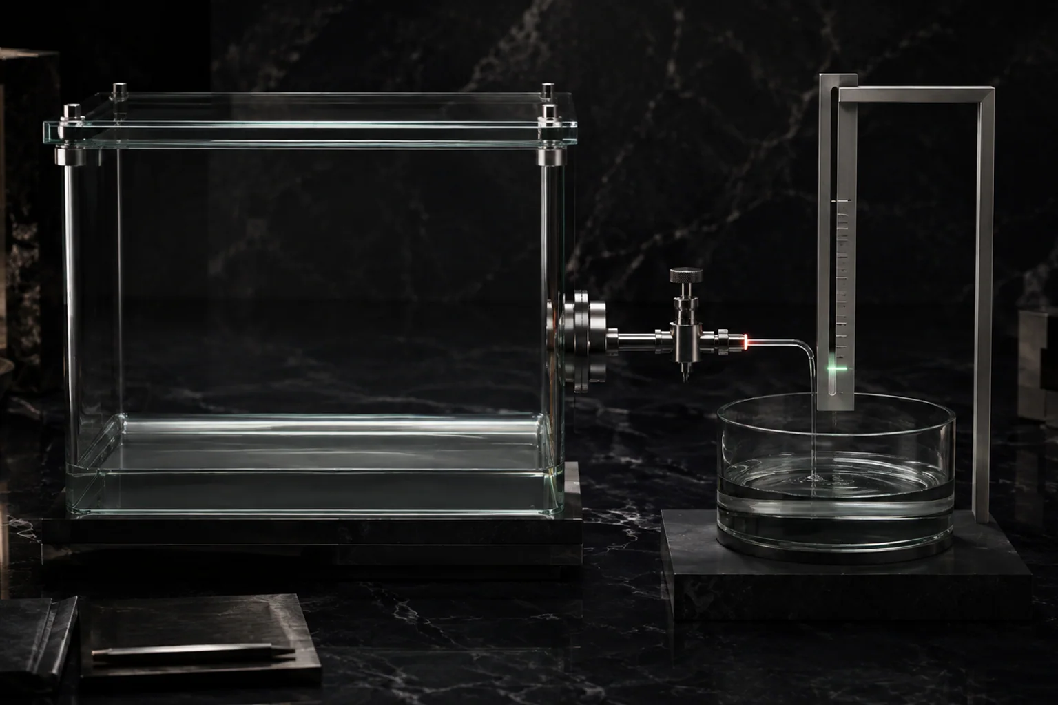 A vast empty authorization reservoir feeds only a calibrated trickle into the expected-dilution vessel.