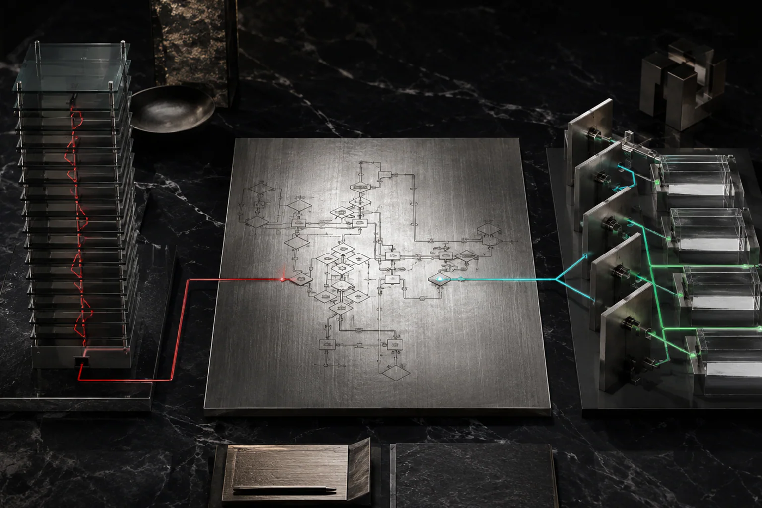 One AGI causal map splits into a narrow leveraged glass path and a modular survival-first system of independent risk gates.