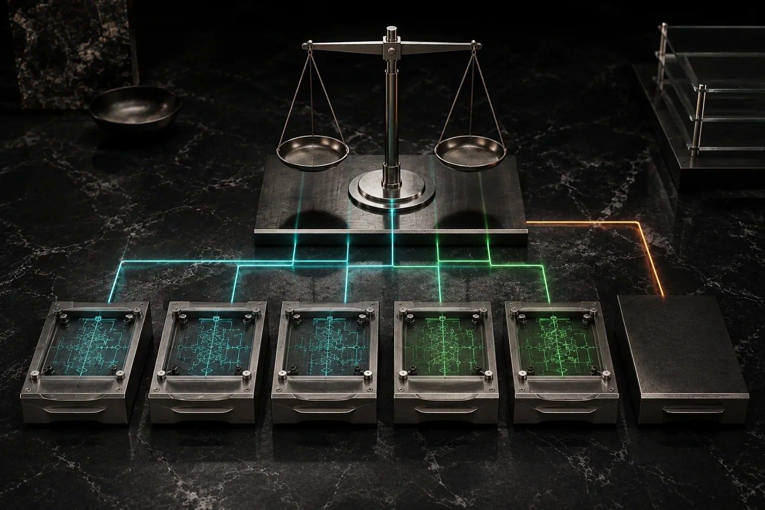 Five sealed evidence dossiers feed an institutional balance while an unopened compartment remains visibly unresolved.