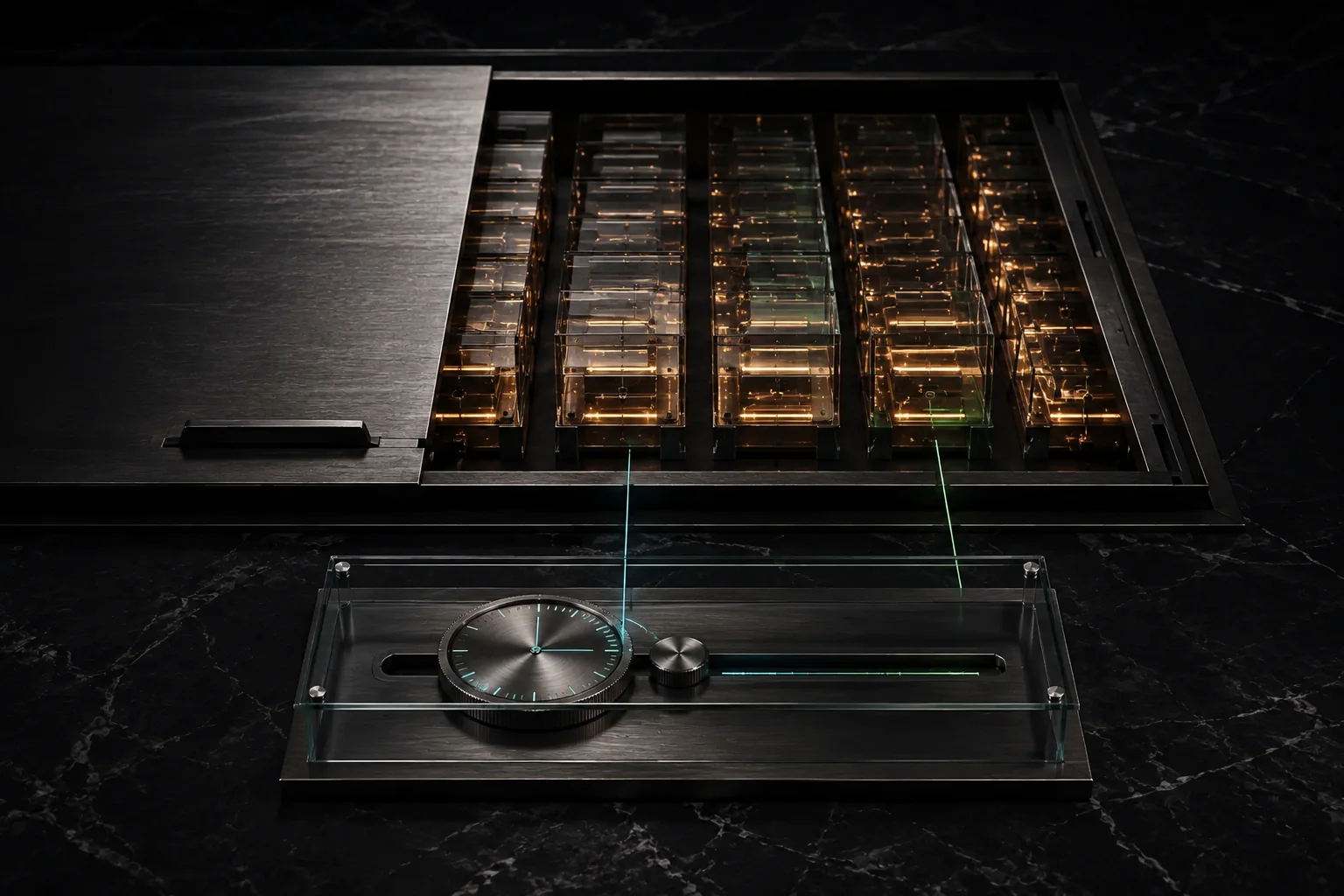 A small illuminated option gauge sits before a much larger hidden reservoir of awards and settlement mechanics.
