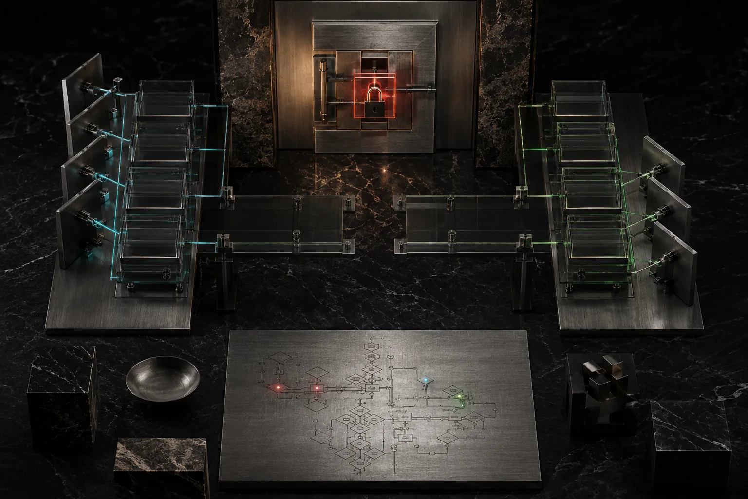 A premium institutional bridge stops at a locked valuation chamber until missing evidence keys arrive.