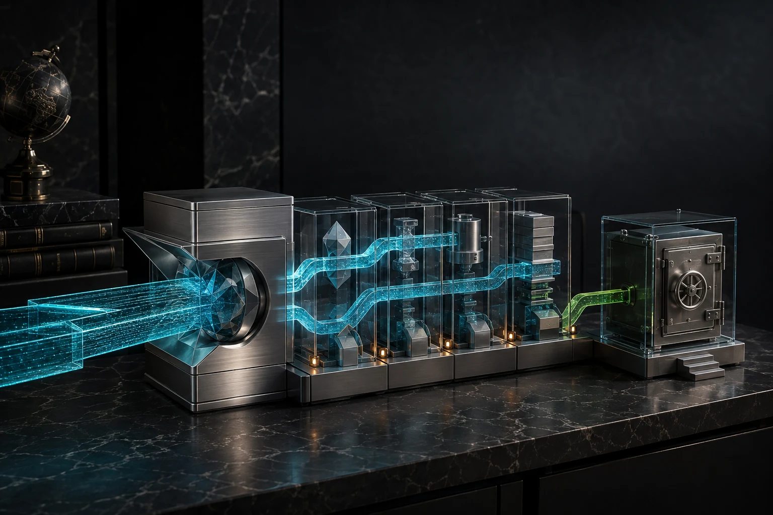 A cyan reported-cash stream passes through evidence chambers toward a green owner-cash vault that remains locked beyond headline FCF.