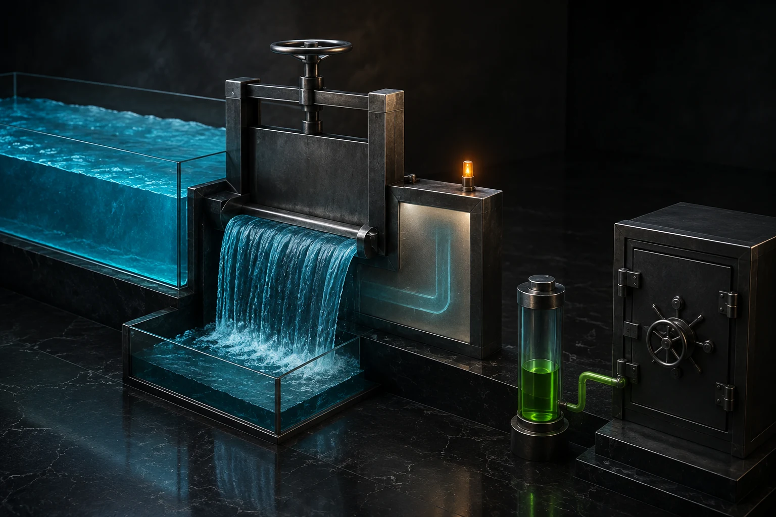 A transparent cash waterfall reaches a measurable residual while a concealed maintenance channel keeps the owner-cash vault locked.