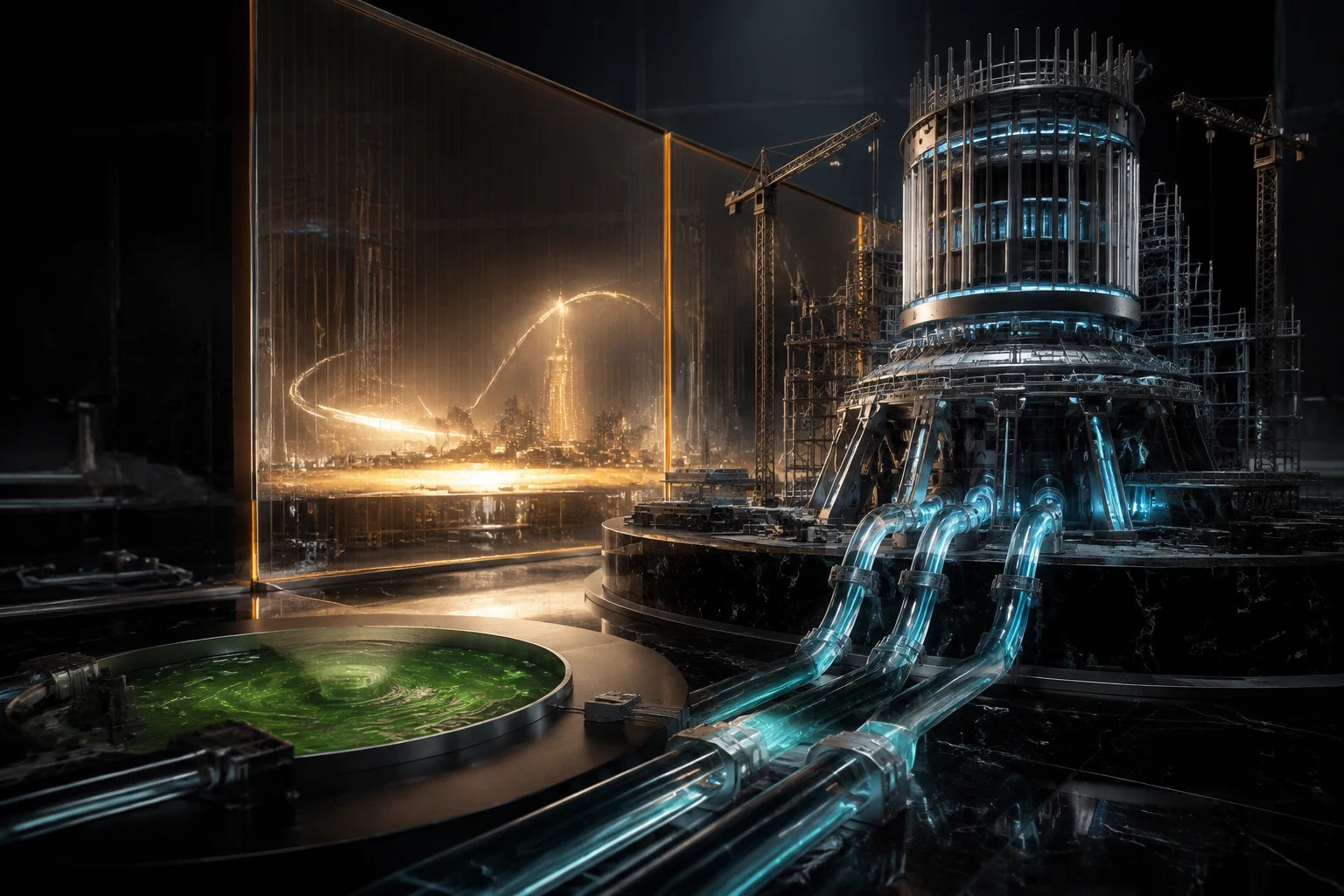 A controlled cash reservoir drains into a luminous future AI asset, showing the unresolved tension between current cash consumption and productive growth.