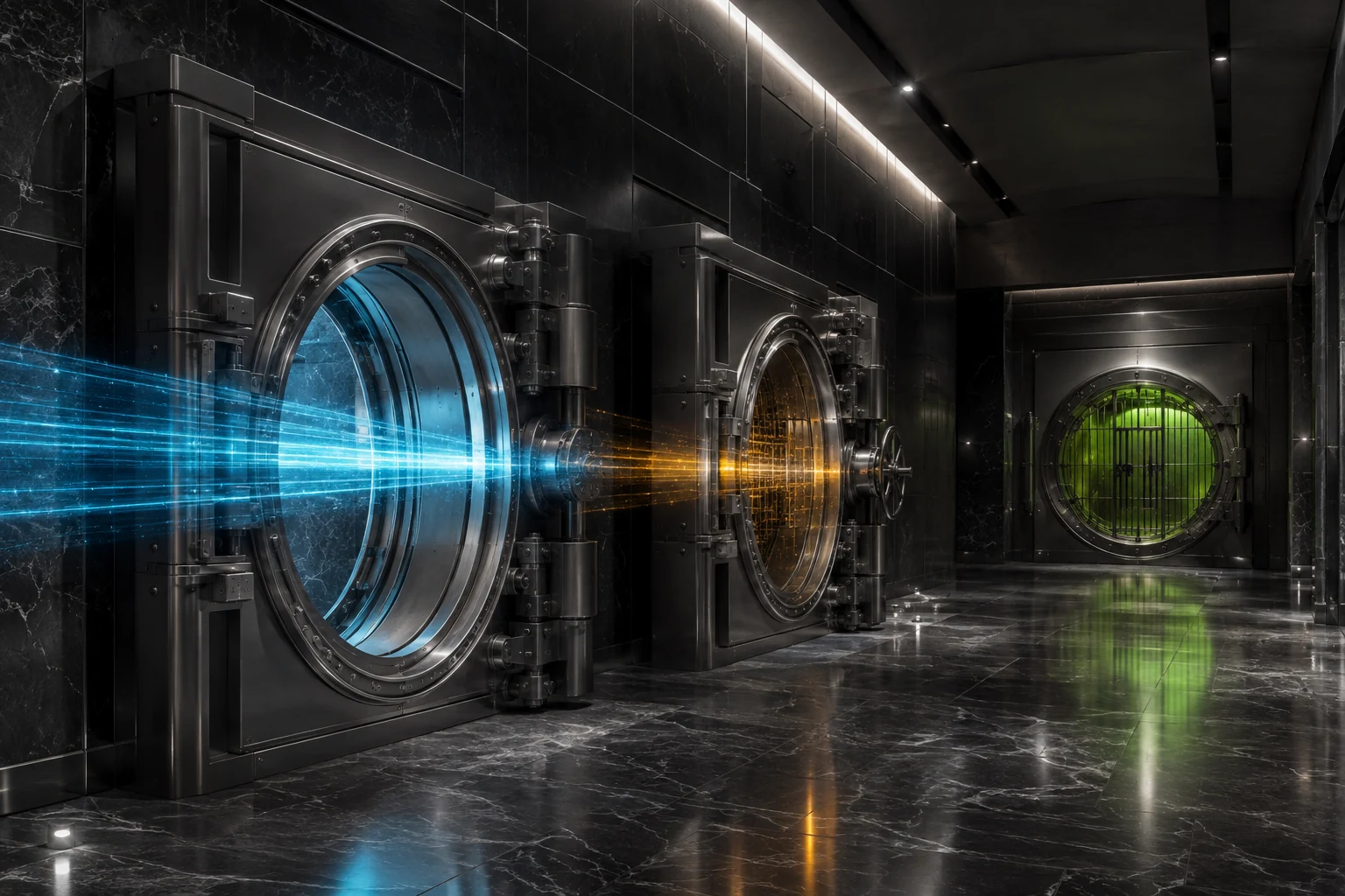 Three sequential institutional vault gates keep owner cash locked until cash reconciliation, maintenance evidence and shareholder claims pass.