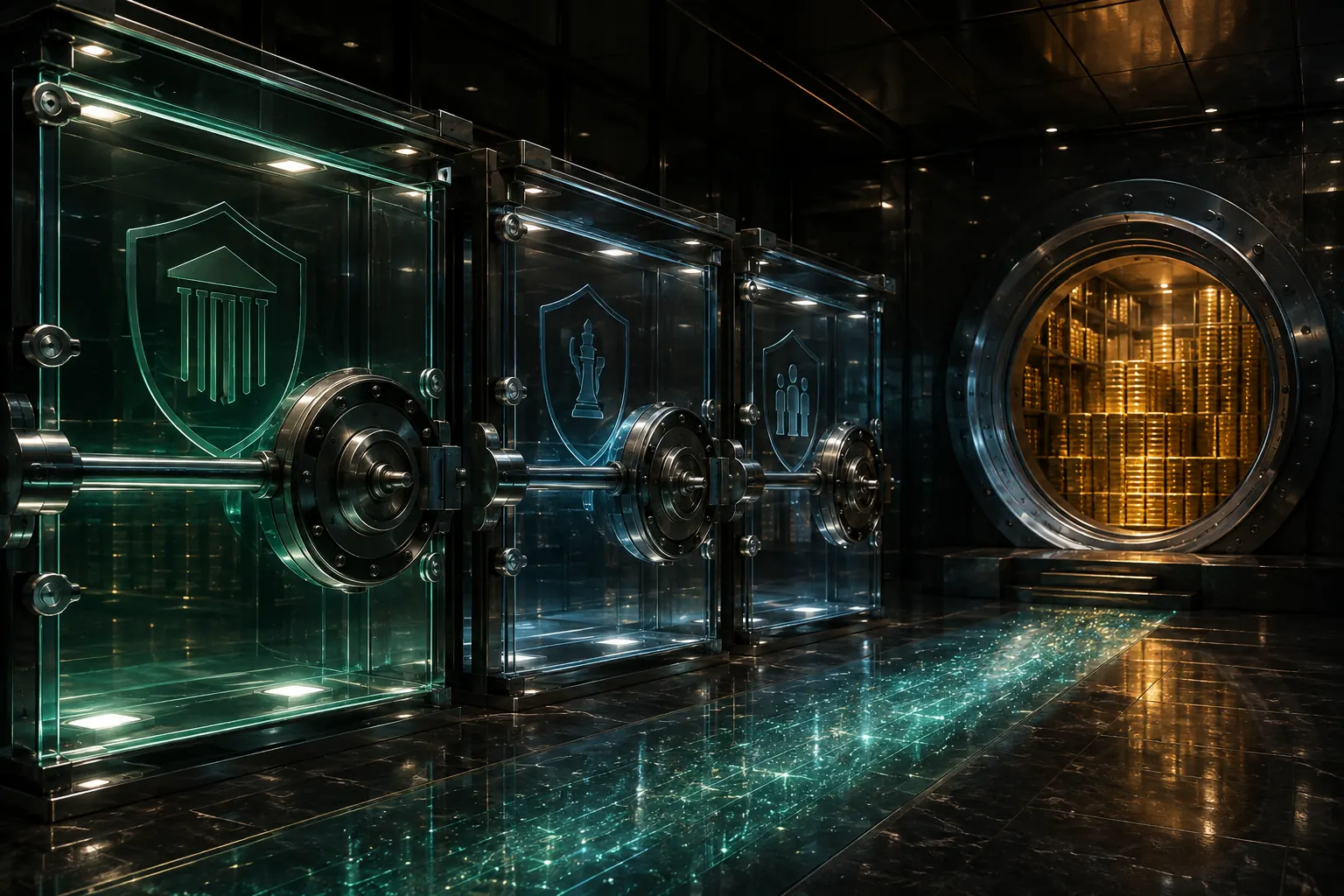 A premium cash corridor reaches an ownership vault but remains sealed behind legal access and mandatory-claim locks.