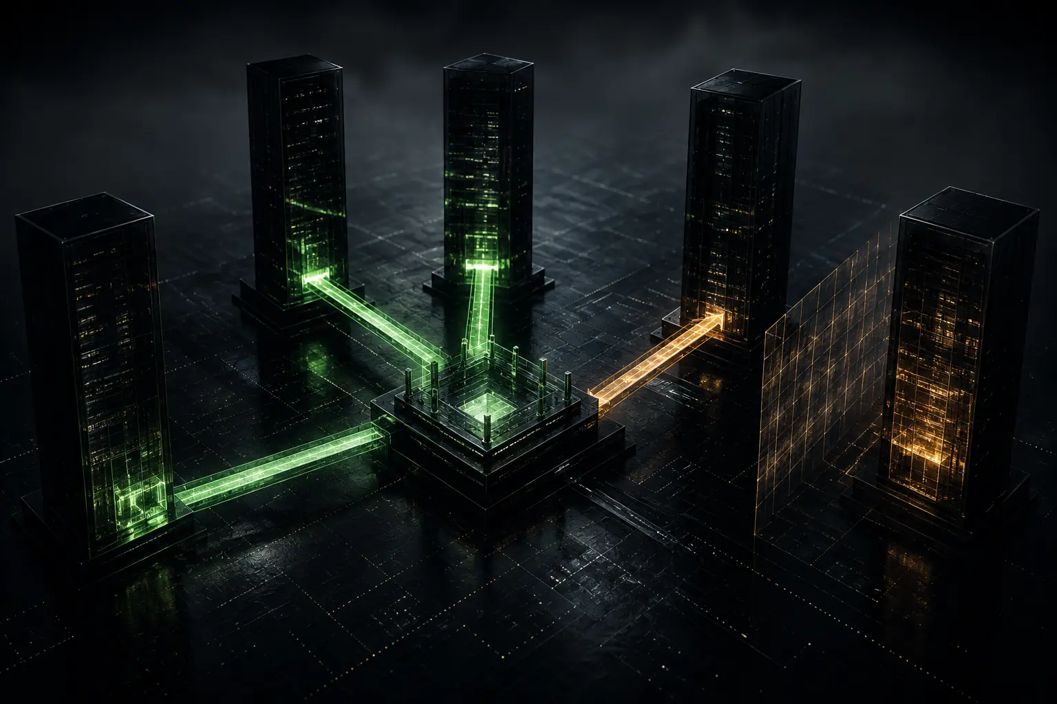 Five black-glass treasury towers connect unevenly to one listed-shareholder platform through proven and restricted routes.