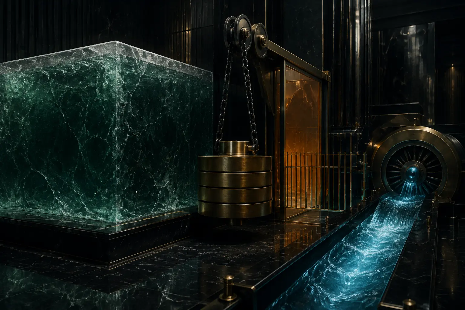 A frozen green liquidity block, a moving cyan cash river, a debt counterweight and a legal gate remain visibly separate.
