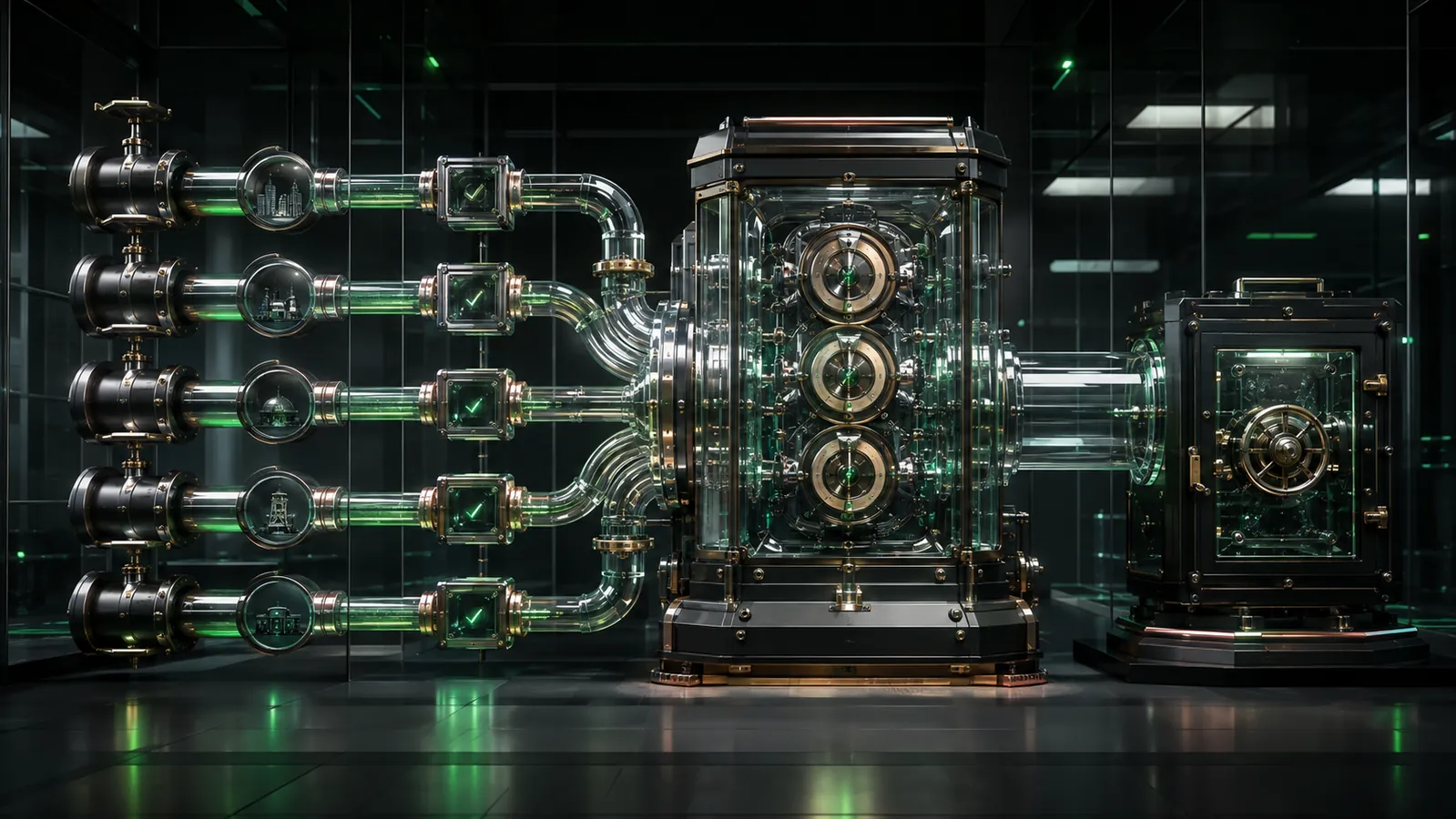Five audited cash conduits enter one transparent precision engine with single-pass checkpoints and a separately locked output chamber.