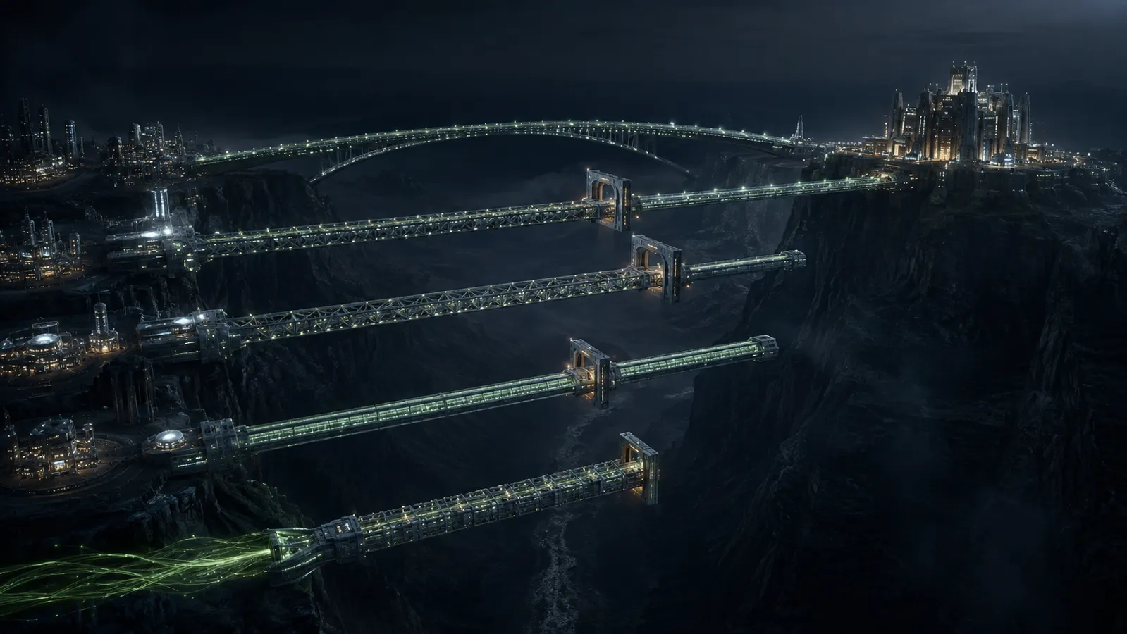 Five premium financial bridges cross the same dark canyon, but legal gates leave several routes incomplete before the owner citadel.