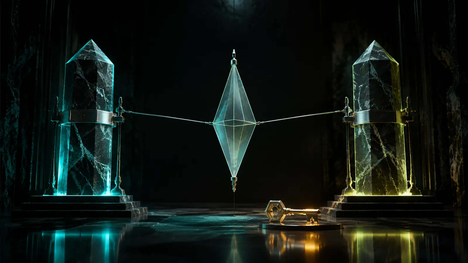 A translucent midpoint prism hangs between two solid audited boundary pillars while the capital key remains deliberately out of reach.
