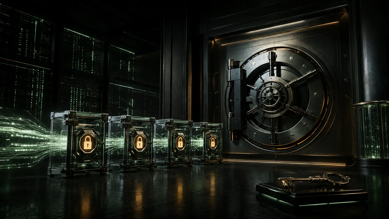 Four transparent evidence locks stop a luminous operating-cash stream before a monumental shareholder vault and dormant capital key.