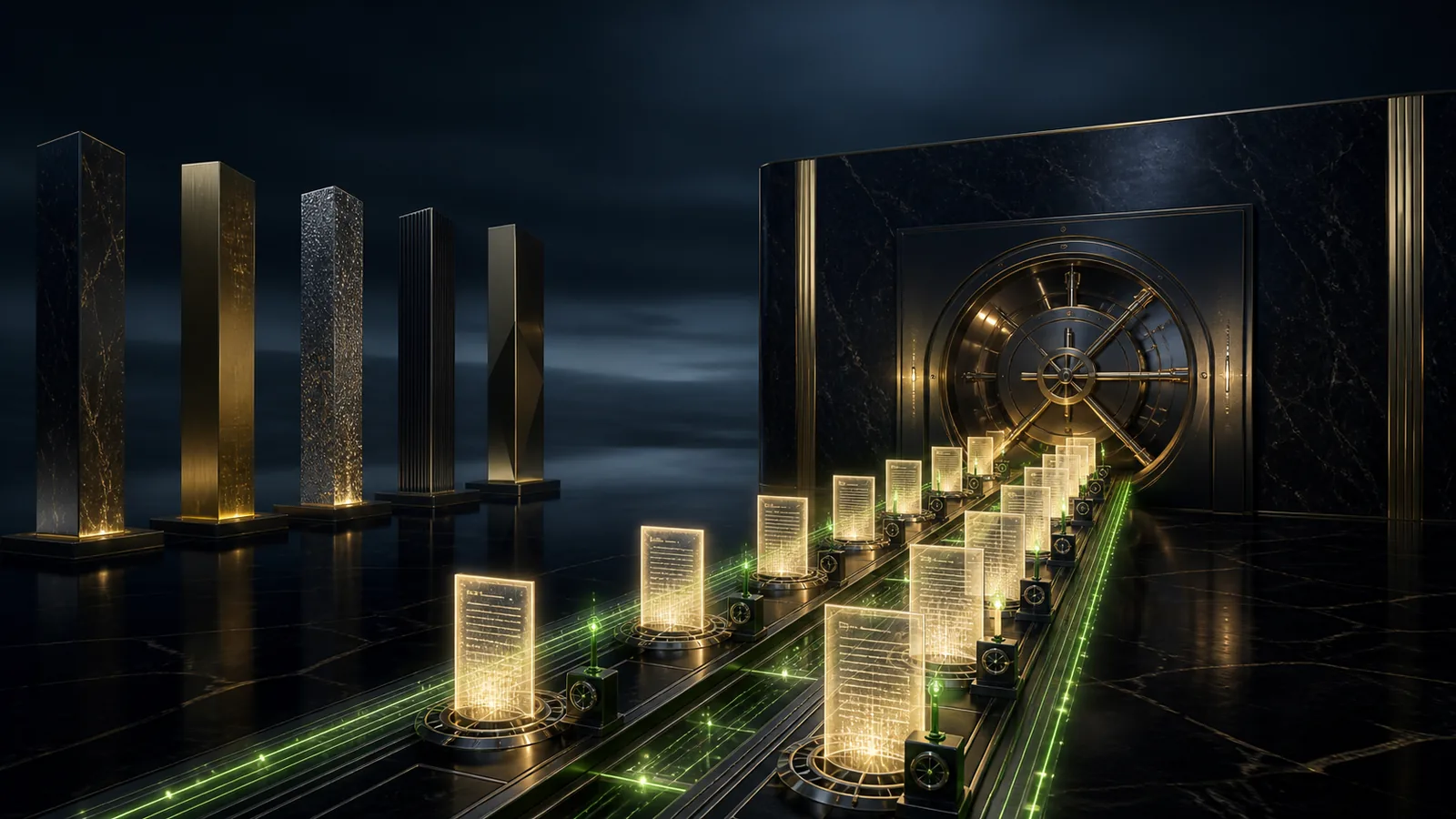 Ten luminous evidence contracts move toward a secure research vault beside five issuer monoliths.