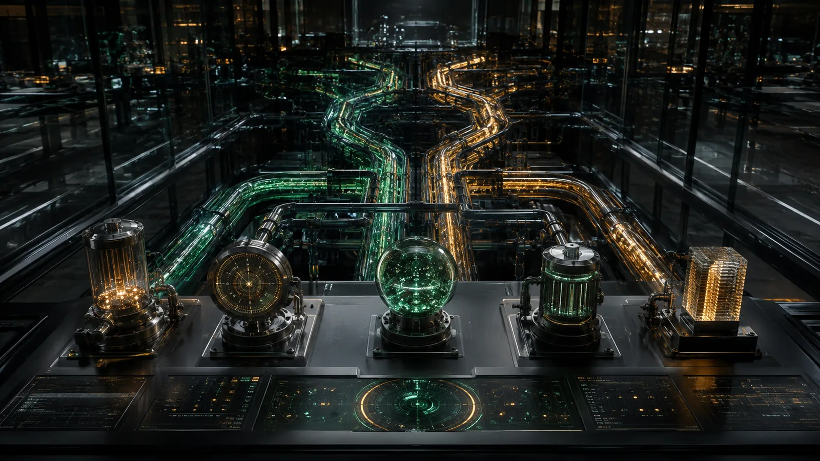 Two synchronized emerald and amber evidence pipelines feed five precision instruments in a dark institutional control room.