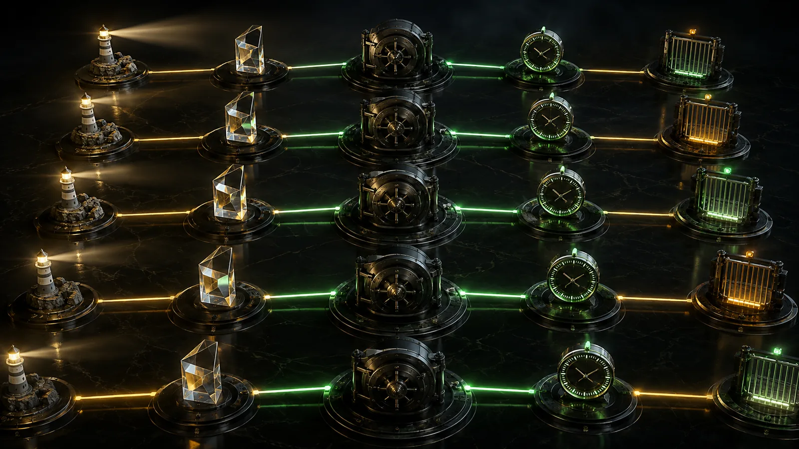 Five institutional source-to-metric-to-clock-to-gate routes form a precise amber and green evidence grid.