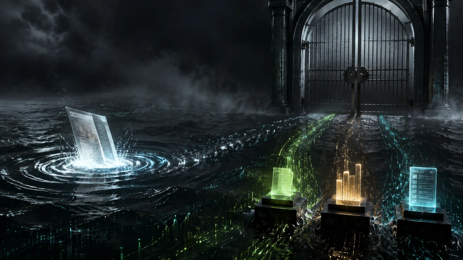 A page ripple in a dark data ocean stops before a locked evidence gate that only verified documents and exact metrics can open.
