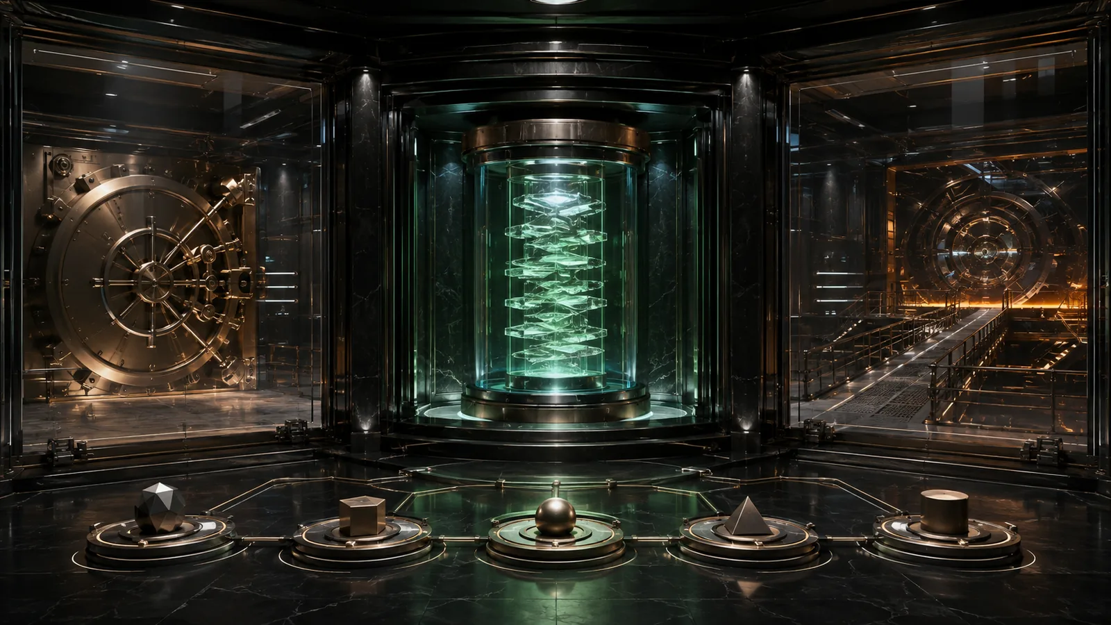 A finished evidence queue glows in a secure chamber while the owner-cash vault and trading bridge remain locked behind glass.