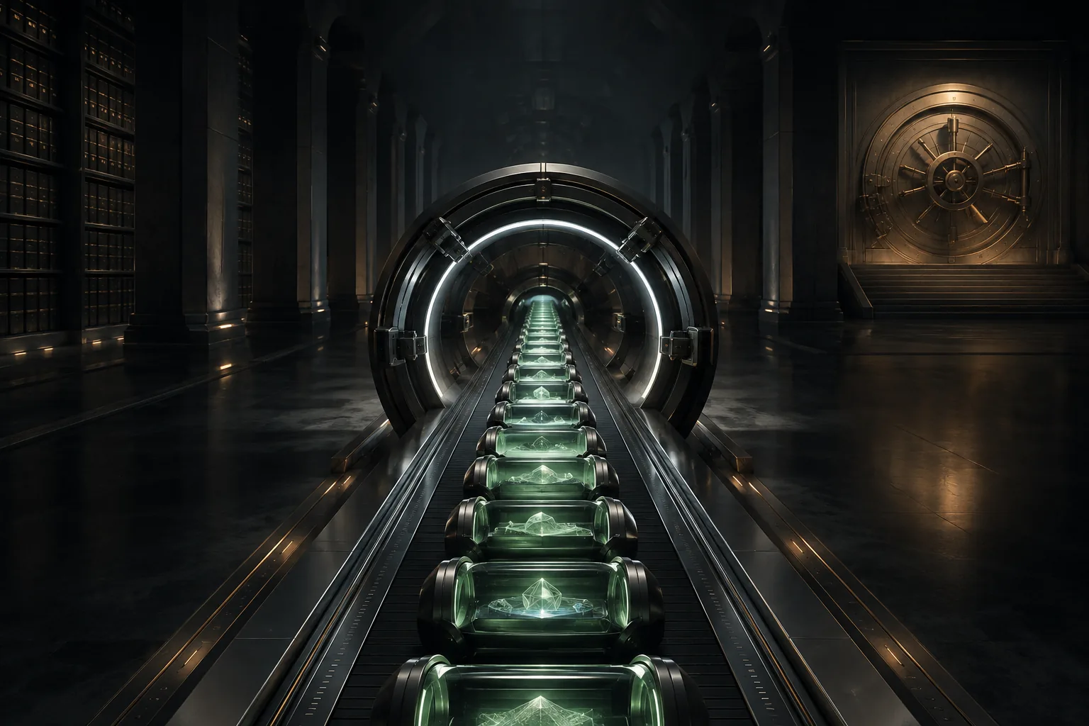 Ten sealed evidence capsules enter a precision scanning ring while a separate monumental capital vault remains locked.