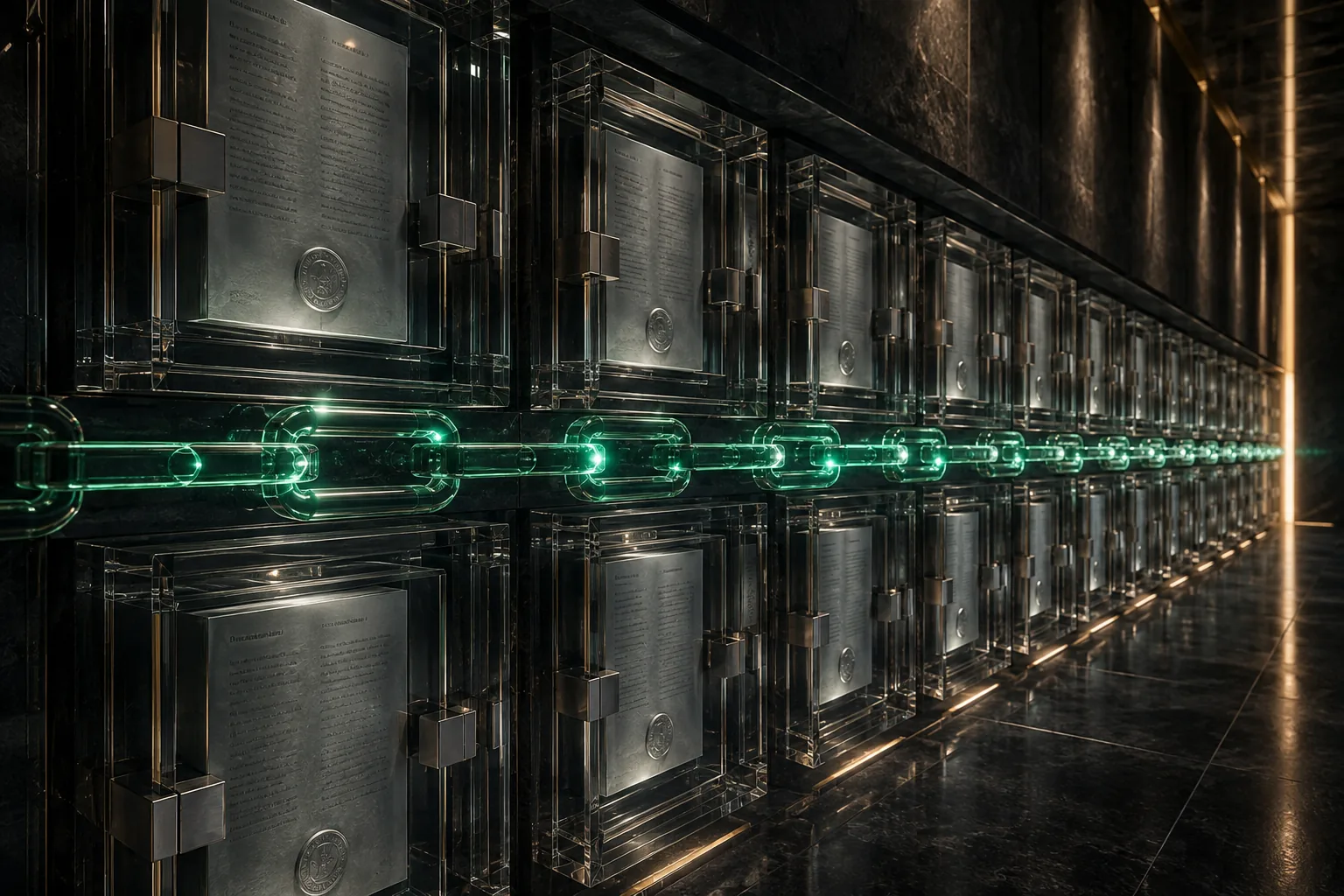 Institutional source documents are sealed in crystal archive cells and joined by one continuous emerald integrity chain.