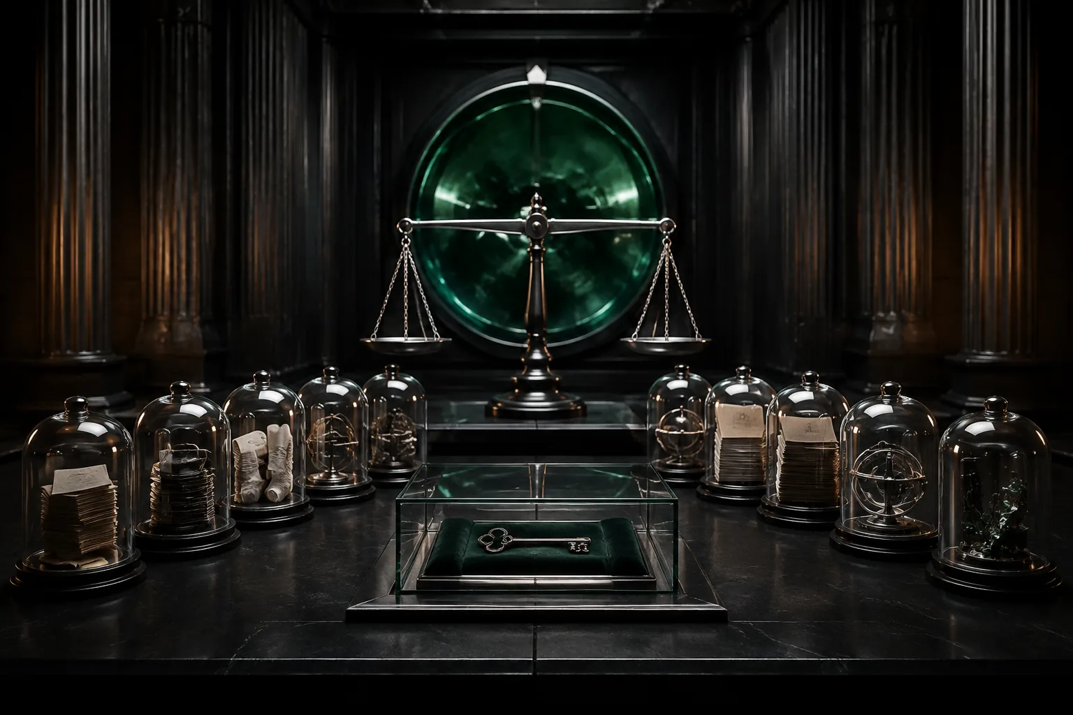 Ten protected evidence vessels surround a perfectly neutral verdict balance while the capital key remains sealed behind glass.