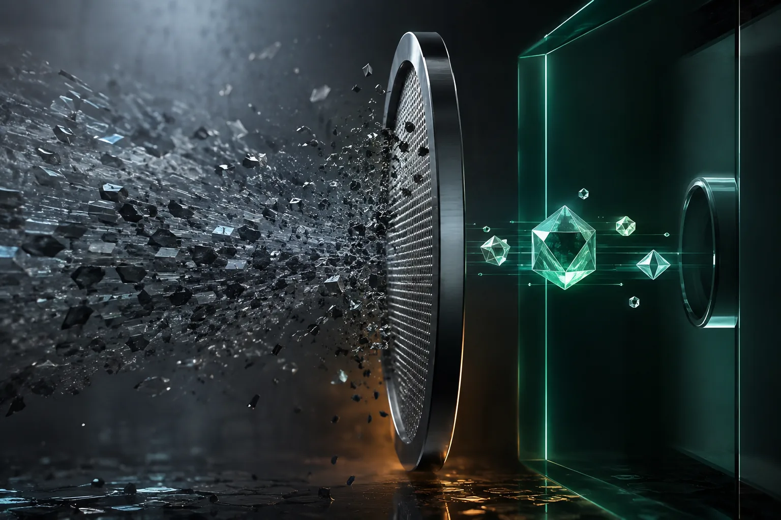 A precision institutional filter stops a storm of volatile page fragments while stable crystalline evidence enters a quiet measurement chamber.