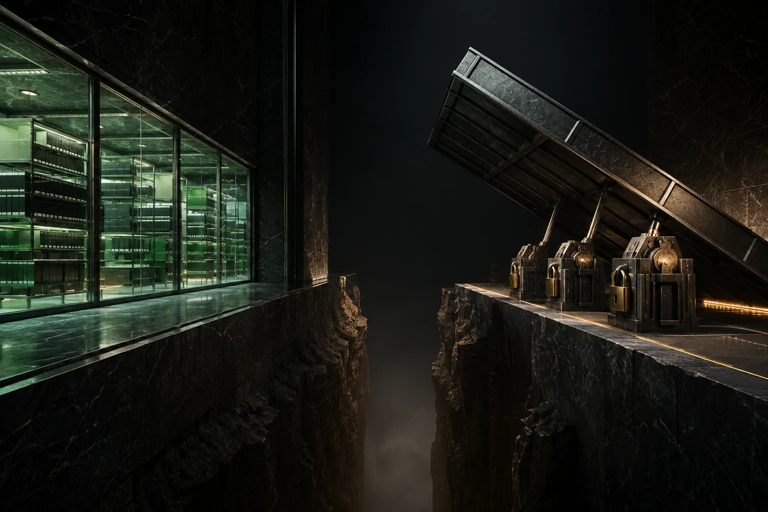 A fully illuminated evidence archive stands across a deep divide from a raised capital bridge locked by independent precision gates.