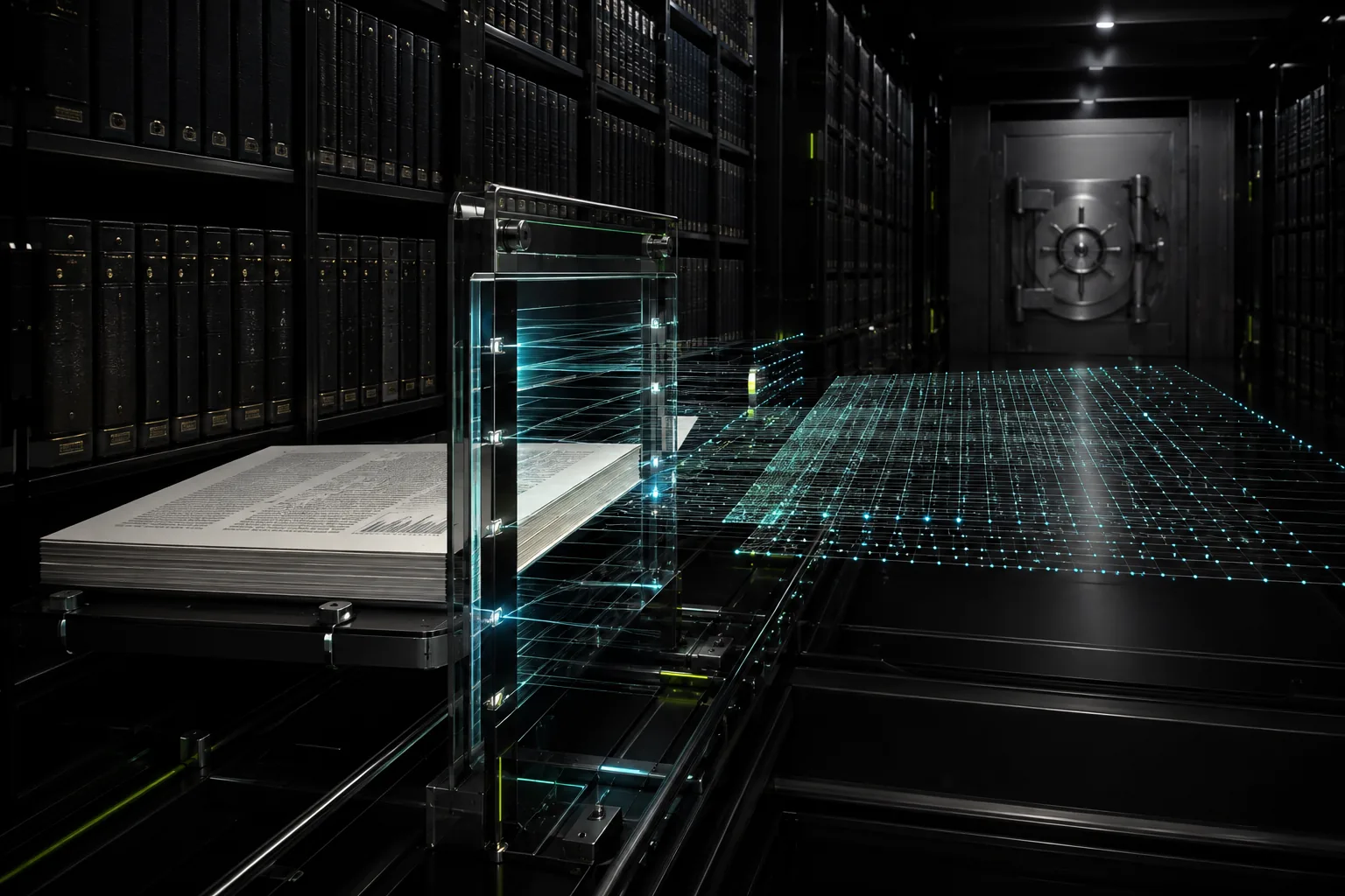 A sealed financial archive transforms one source filing through an optical frame into a precise luminous coordinate grid.