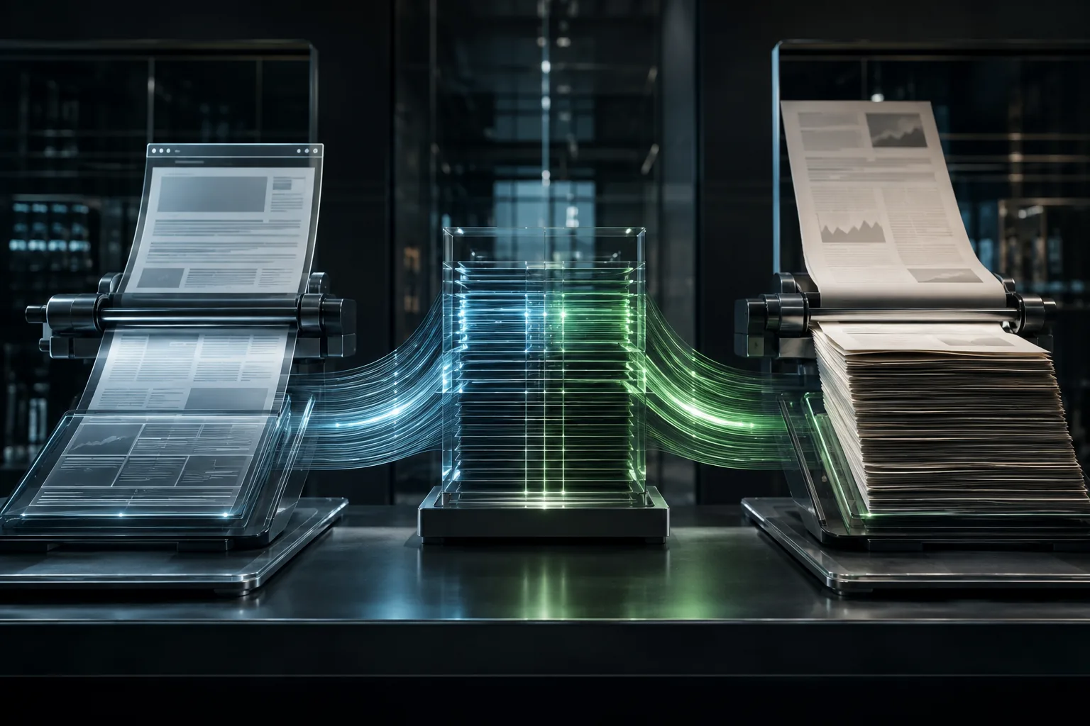Web and paper filing streams converge into one crystalline ledger of precisely aligned evidence lines.