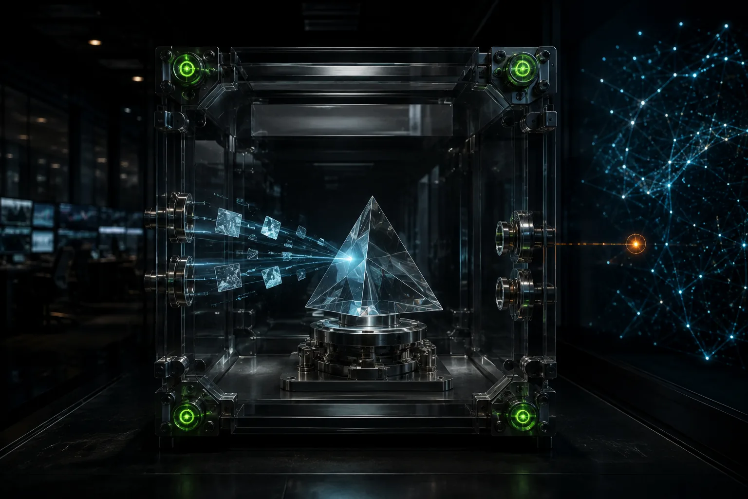 A sealed transparent reasoning chamber accepts only verified evidence shards while the external information network remains disconnected.