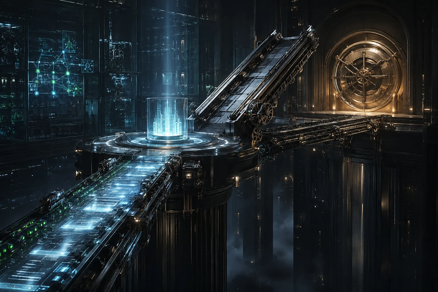 An illuminated analytical platform is separated from a monumental capital vault by a raised independently locked bridge.