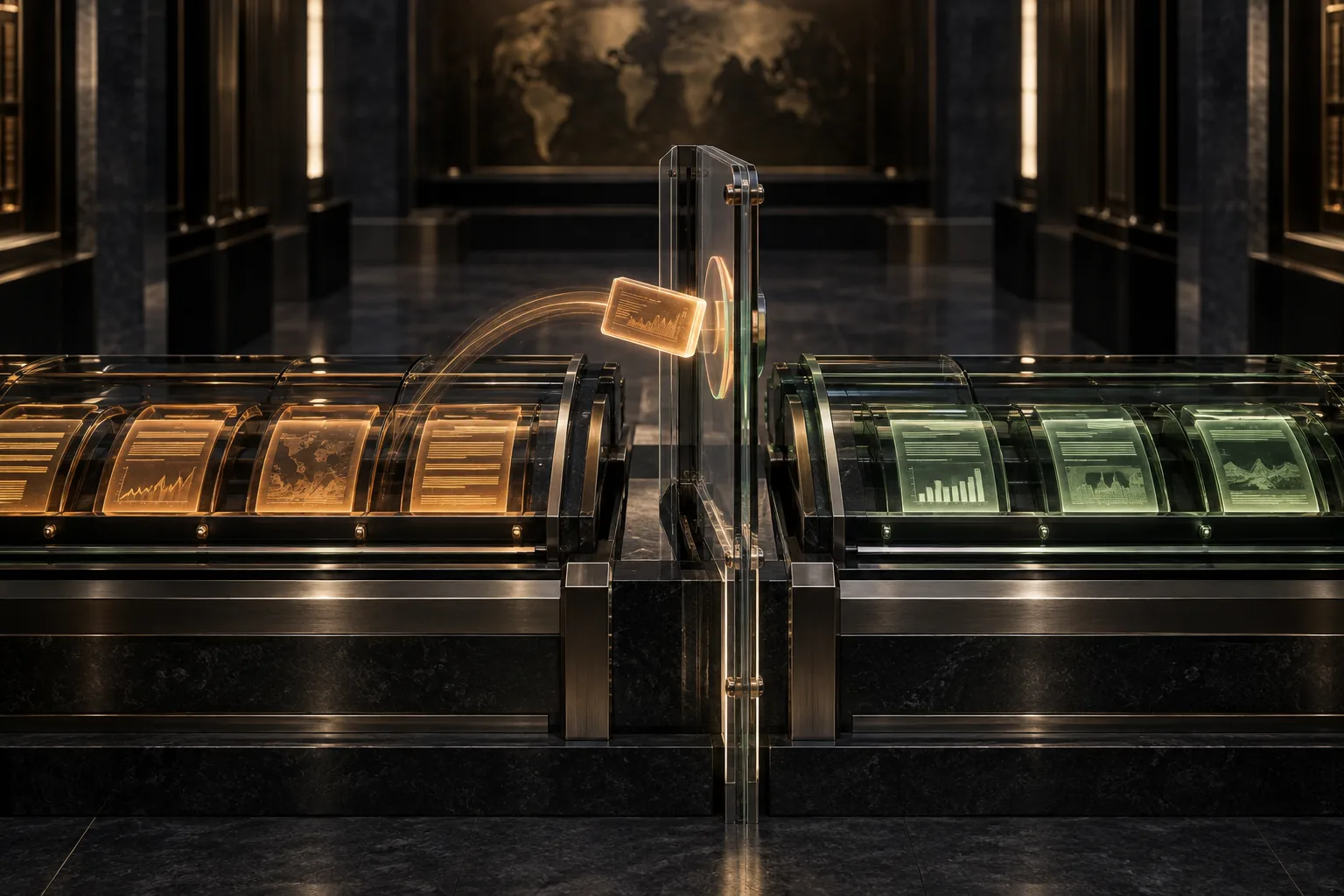 Two sealed institutional evidence lanes meet a transparent precision gate that blocks one cross-task citation while preserving both archives.