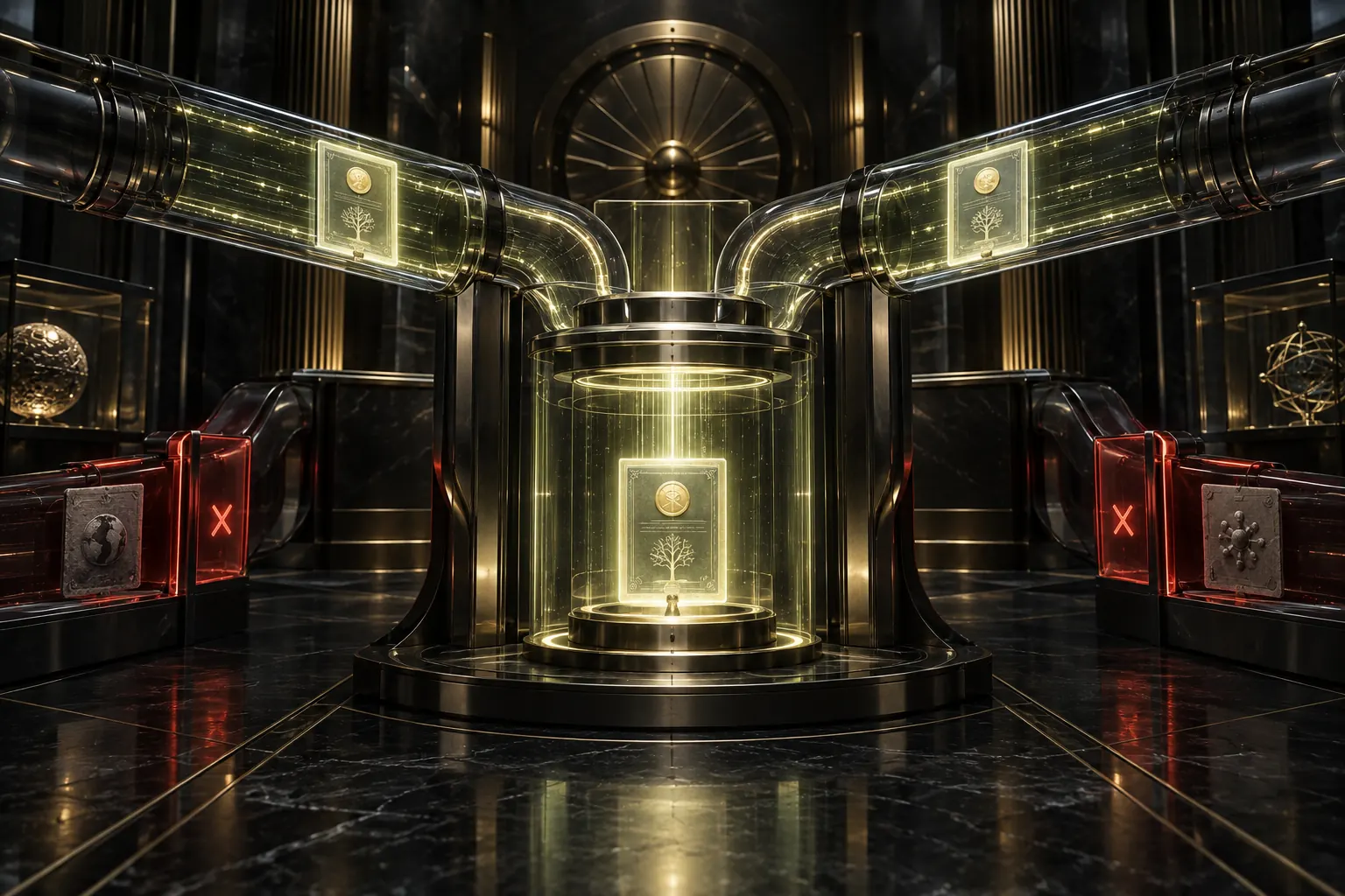 Two identical evidence certificates enter a premium verification chamber and emerge as one authenticated token while foreign evidence lanes remain blocked.