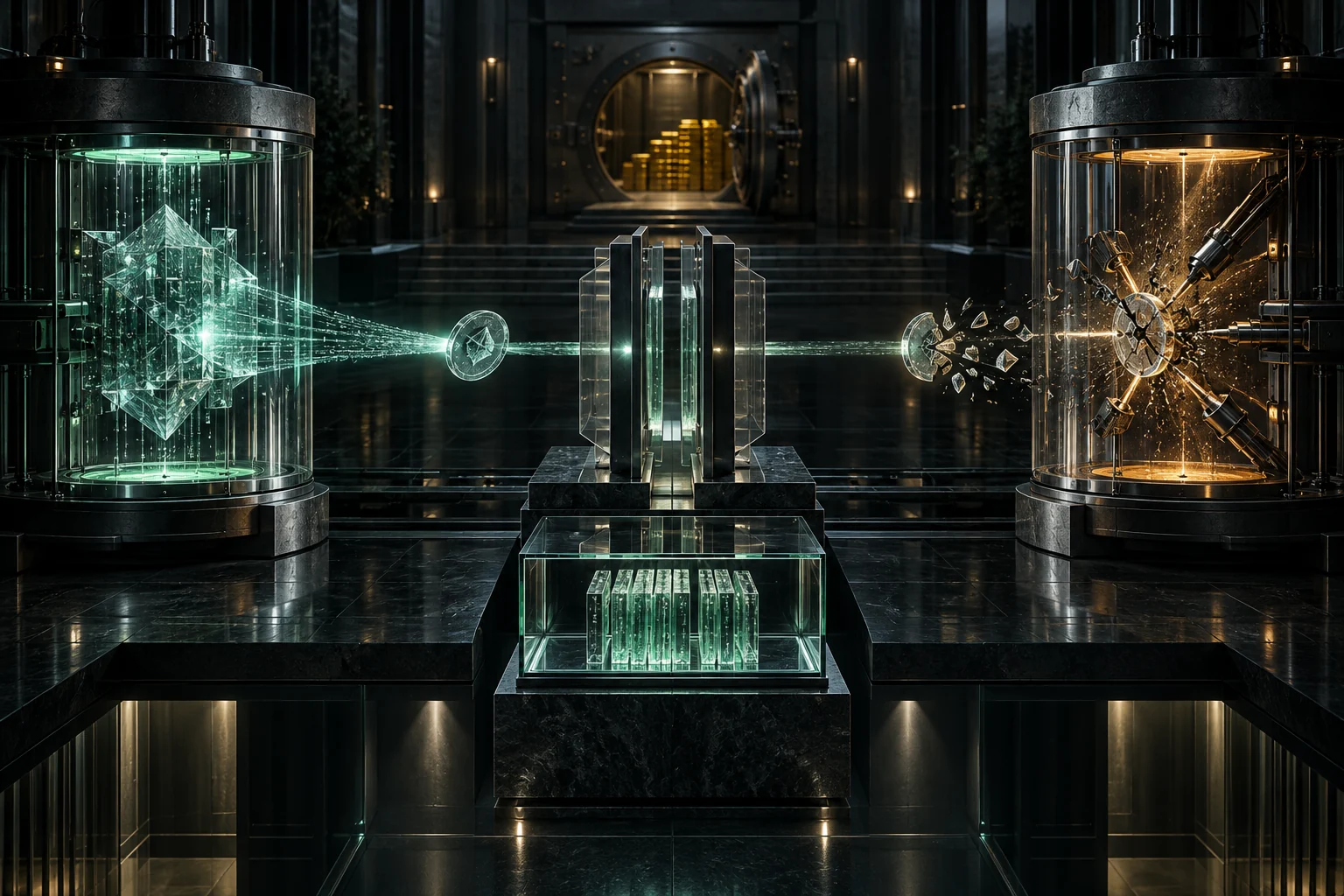Two physically separate institutional evidence chambers face each other across a precision gate: one emits a provisional crystalline result while the other tries to fracture it, with capital locked in a distant vault.