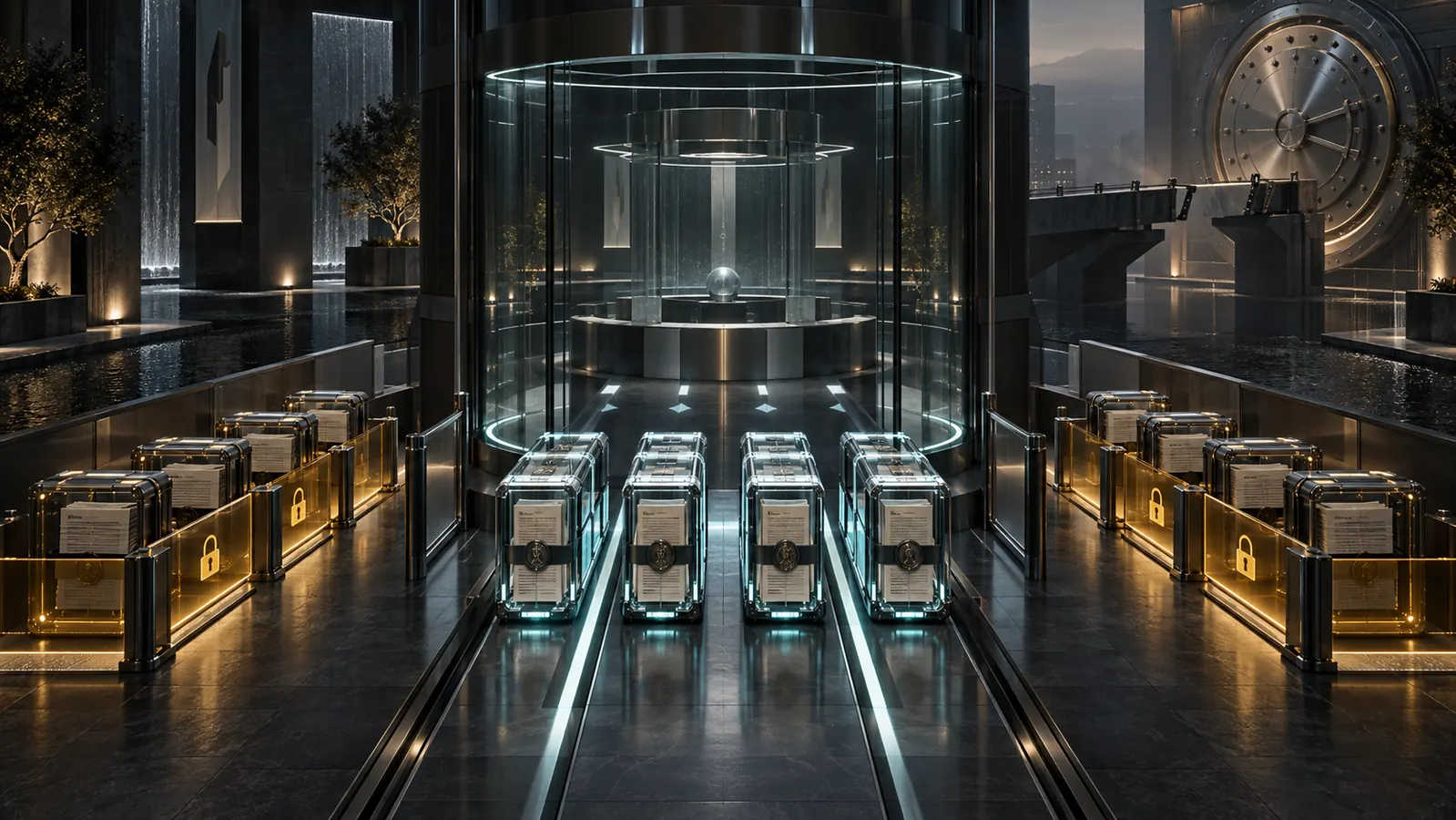 Four sealed evidence dossiers enter a transparent governance chamber while incomplete dossiers remain behind amber evidence locks and the capital vault stays physically disconnected.