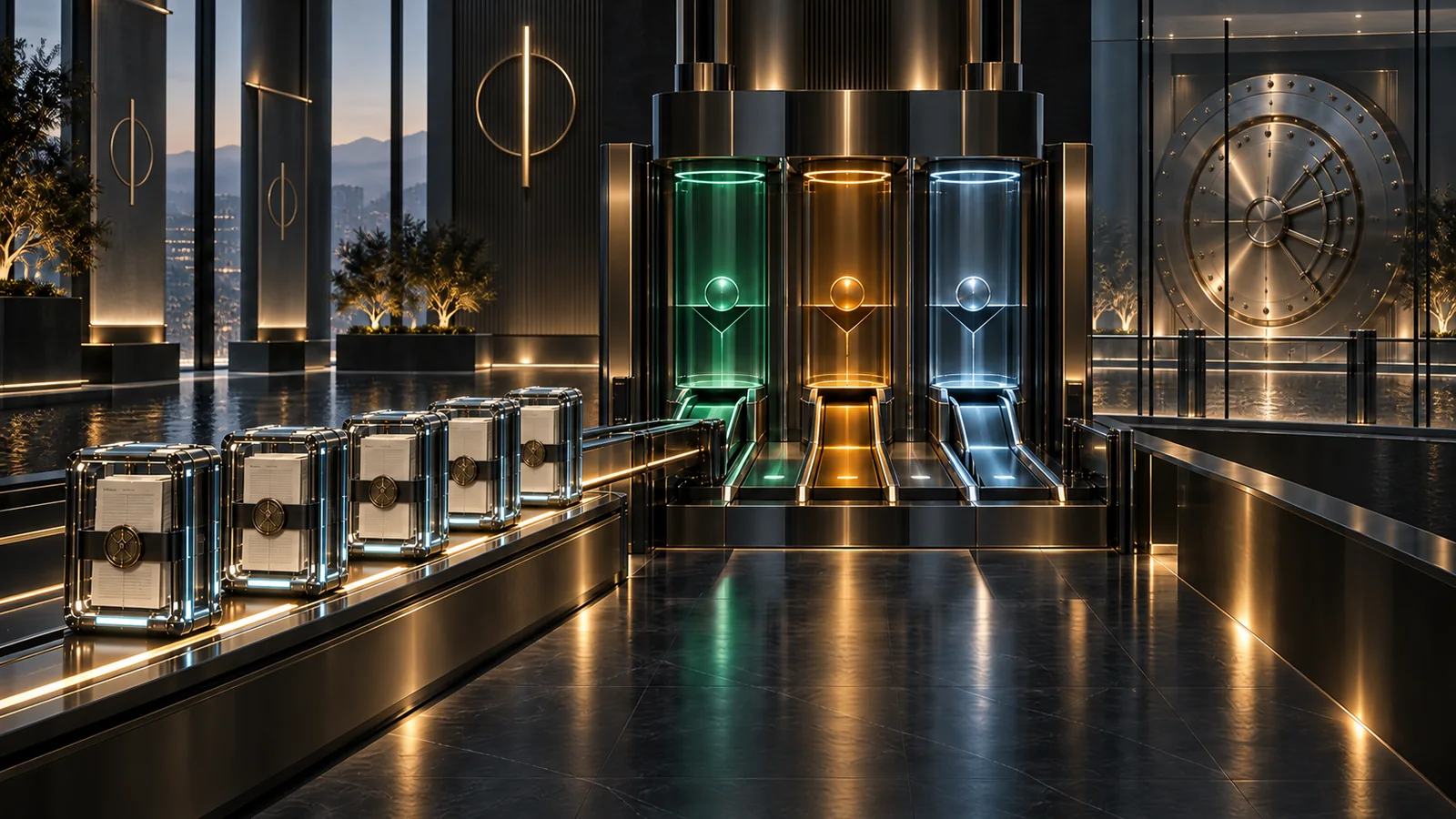 Exactly five sealed institutional evidence dossiers approach three luminous governance gates for approve, reject and defer while a monumental capital vault remains physically separate.