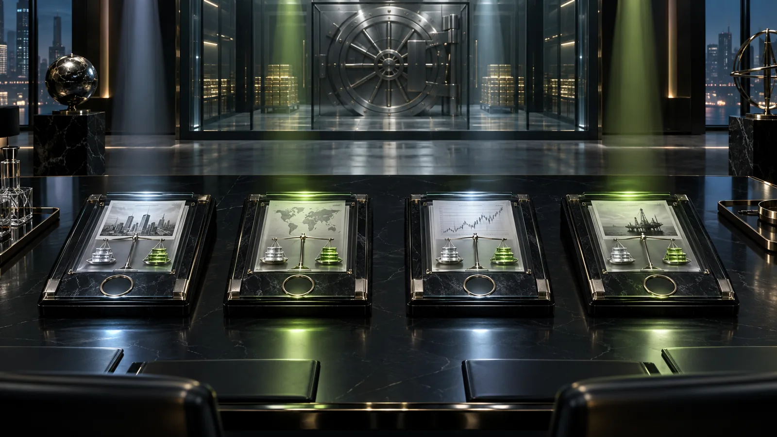 Exactly four sealed obsidian evidence folios with precision balances and empty signature recesses face a disconnected institutional capital vault.