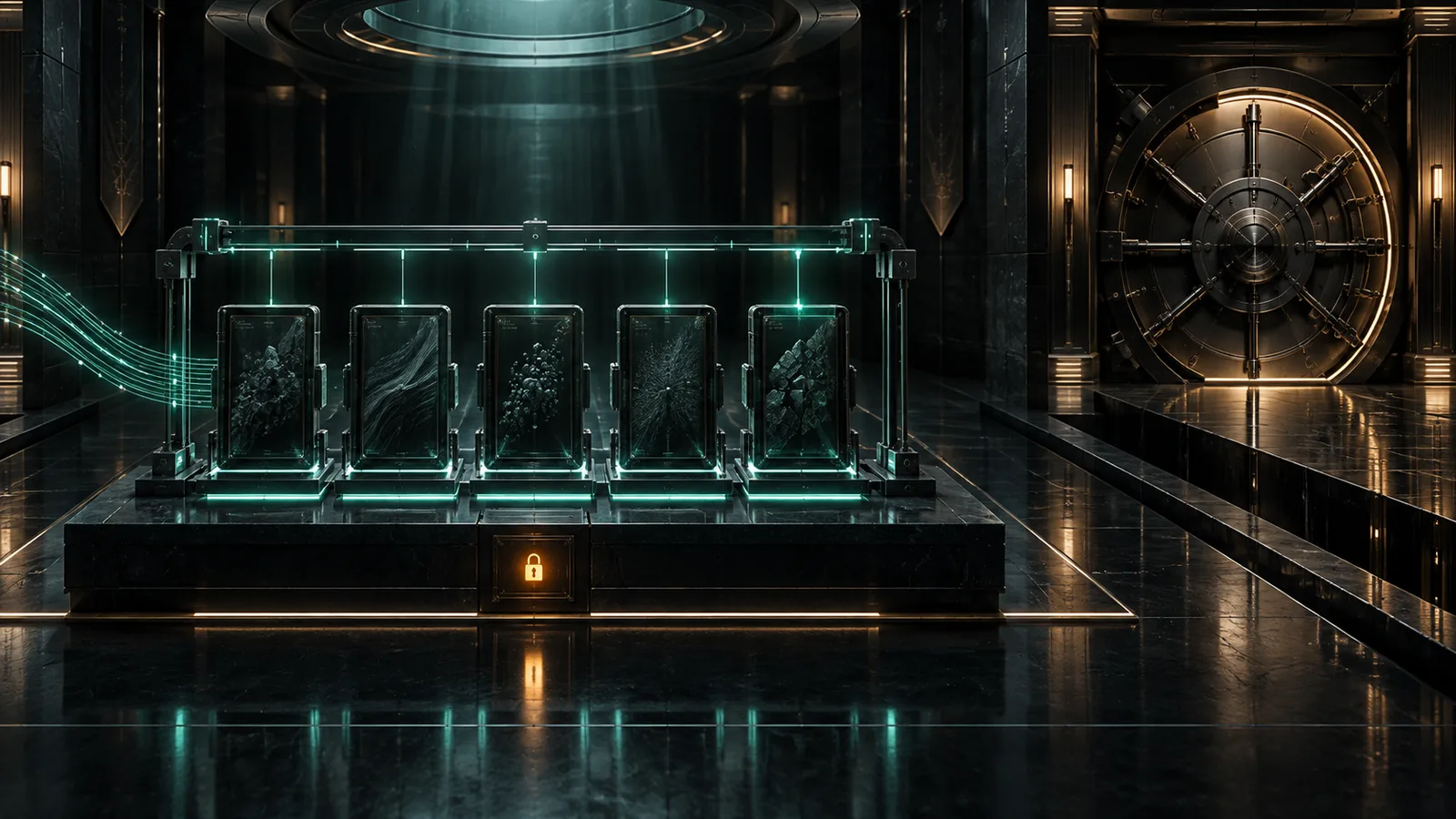 Five sealed black-glass evidence folios sit inside an adaptive precision frame while a monumental capital vault remains physically separate and closed.