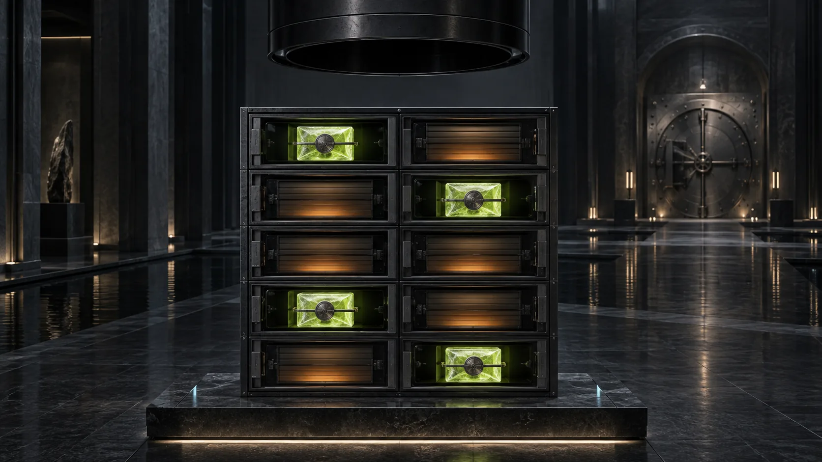 A precise five-by-two black-glass evidence matrix holds four sealed lime research receipts and six amber unresolved shutters while a distant capital vault remains locked.