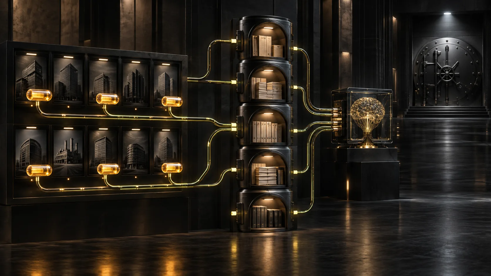 Six amber evidence capsules travel from an issuer matrix through five official archive portals into a calibrated analysis engine while a black capital vault remains disconnected.