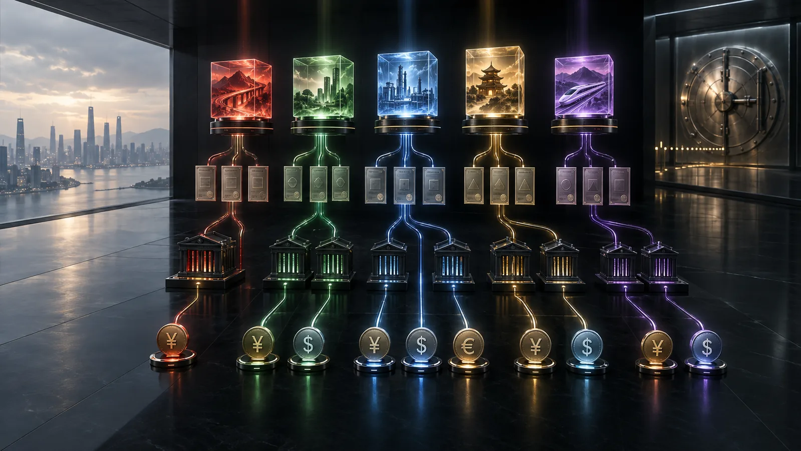 Five luminous company cores branch through distinct security certificates, exchange gateways and currency rails inside a premium institutional identity ledger while the capital vault remains disconnected.