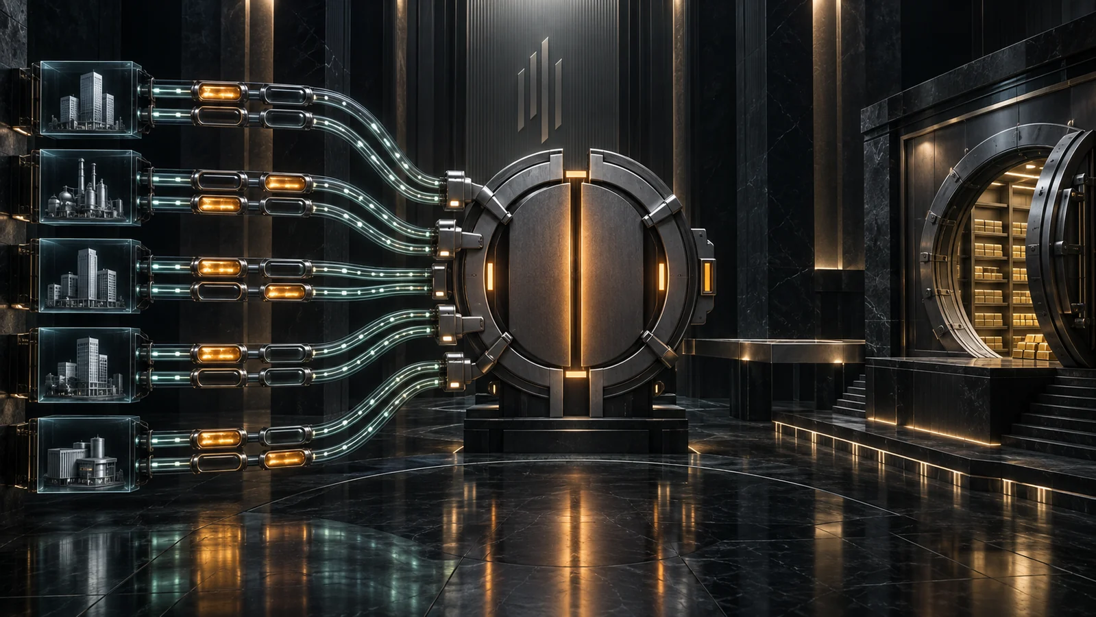 Five issuer evidence modules feed two rails each into a closed institutional synthesis gate while the capital vault remains physically disconnected.