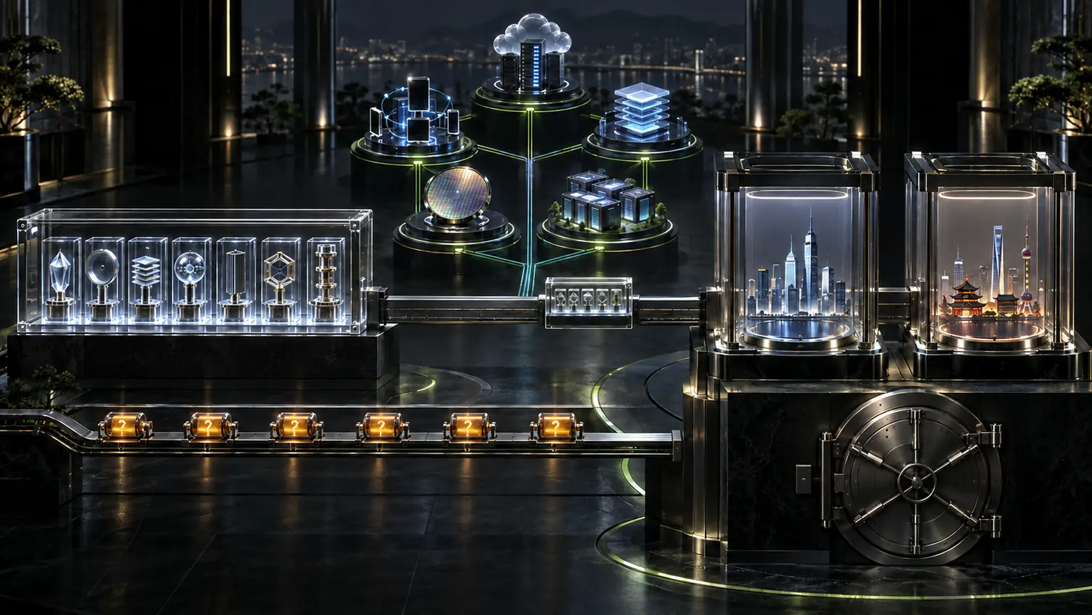 A sealed institutional archive of seven verified controls passes five contrasting issuer nodes and six monitored evidence capsules toward twin US and China comparison chambers while the capital vault remains closed.