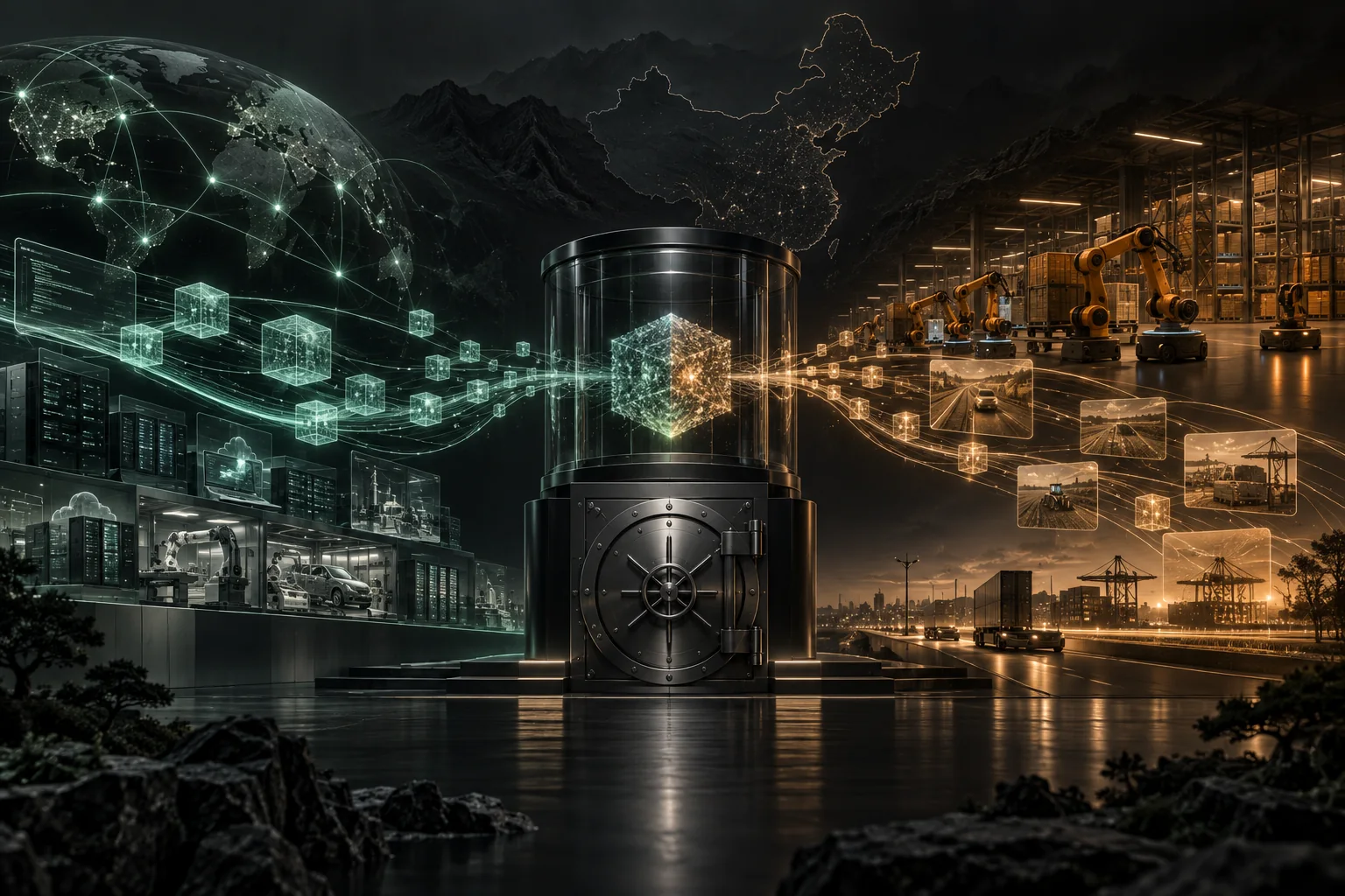 Two measured AI compounding loops—software diffusion in jade and embodied industrial feedback in amber—converge on a sealed underwriting chamber while the capital vault remains closed.
