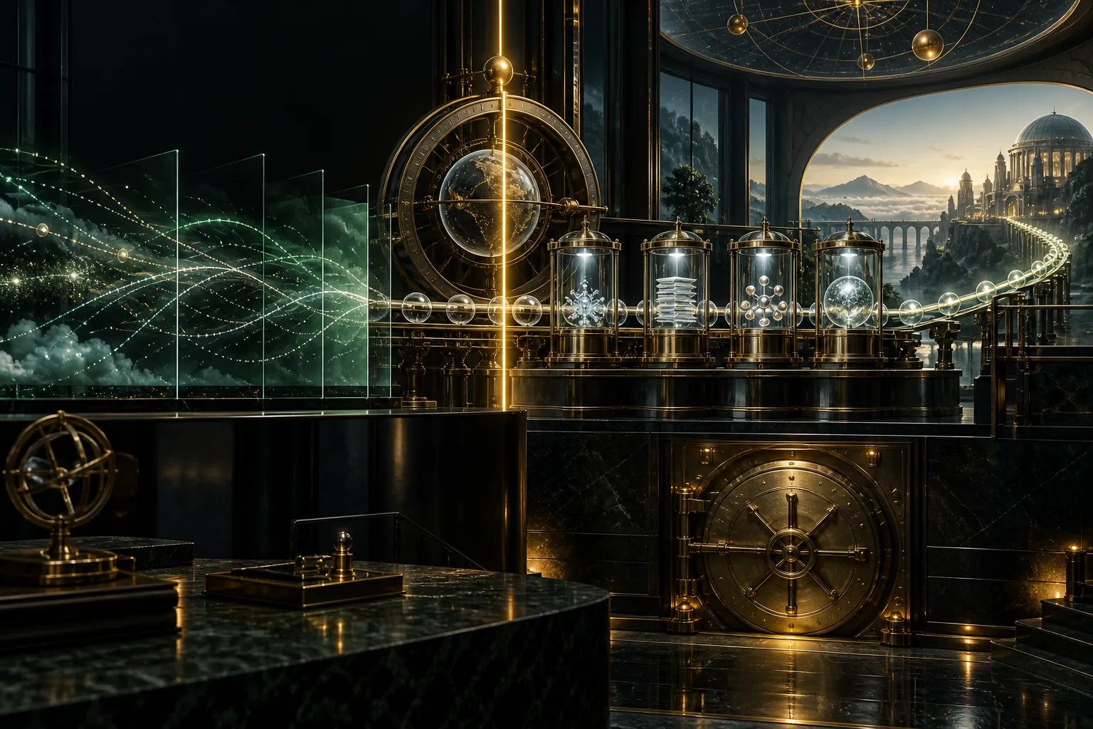 A precision chronometer moves uncertain future trajectories through six evidence gates toward a March 2027 observation chamber while a separate capital vault remains sealed.