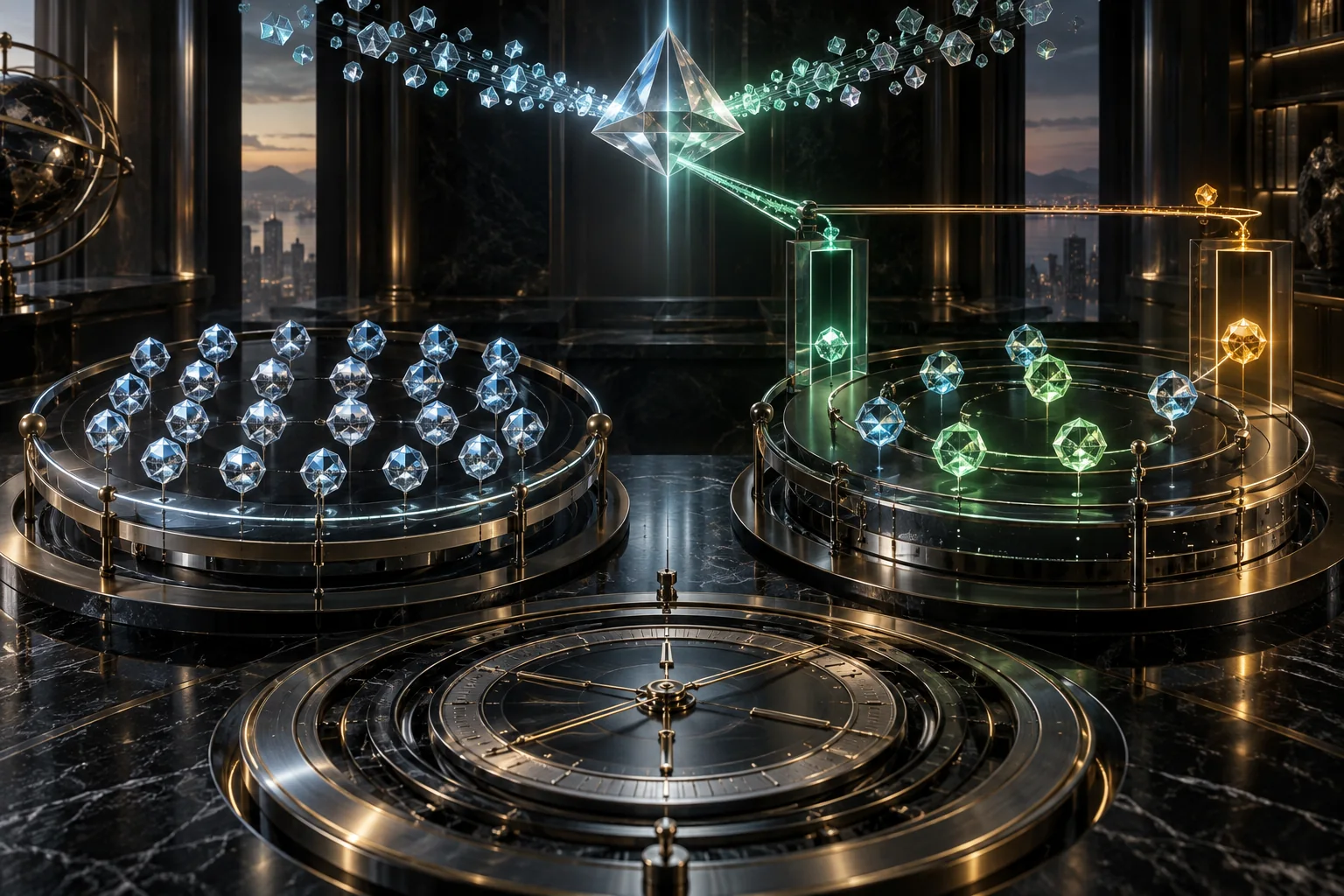 A frozen twenty-five-node control portfolio faces an adaptive challenger across a precision evidence prism, with daily learning signals separated from a monthly capital gate and one rare amber event gate.