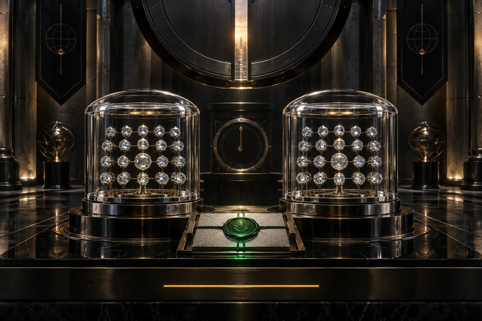 Two perfectly matched glass portfolio capsules remain still on a black-and-brass platform while a verified green production seal is locked and one dormant chronometer waits for the shared market close.