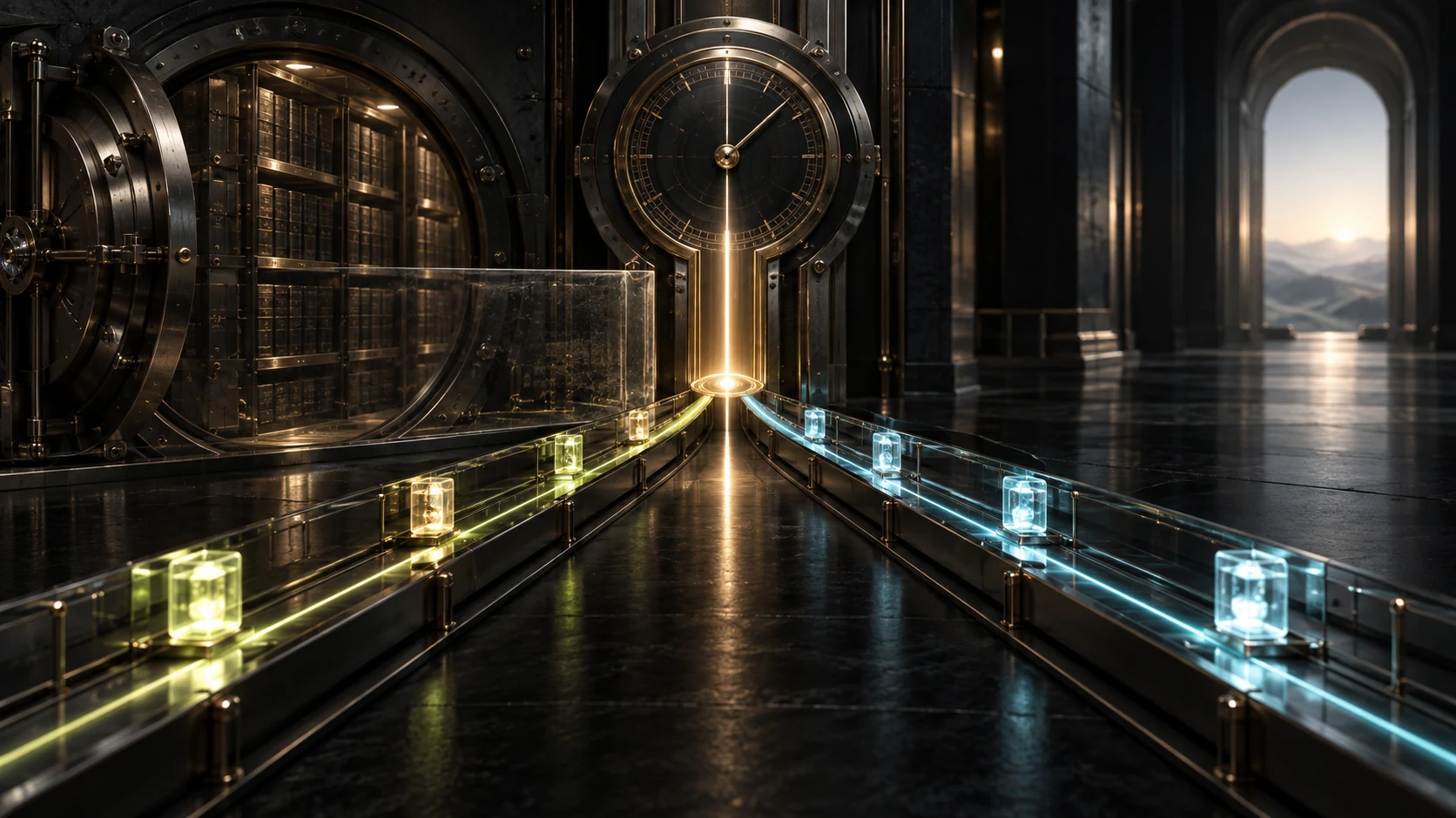 Two matched institutional ledger rails leave one precision time gate while verified evidence capsules move only forward and the immutable archive remains sealed behind them.