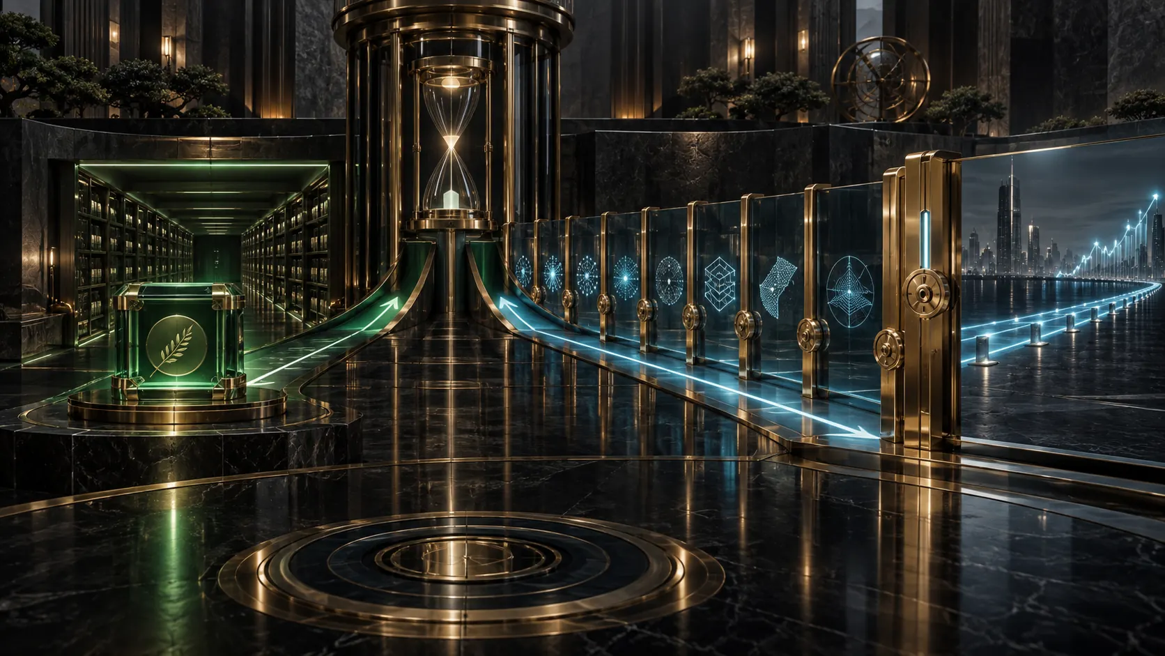 A monthly precision gate separates a sealed emerald no-action archive from a cyan Adaptive path protected by evidence gates and a final authorization lock.