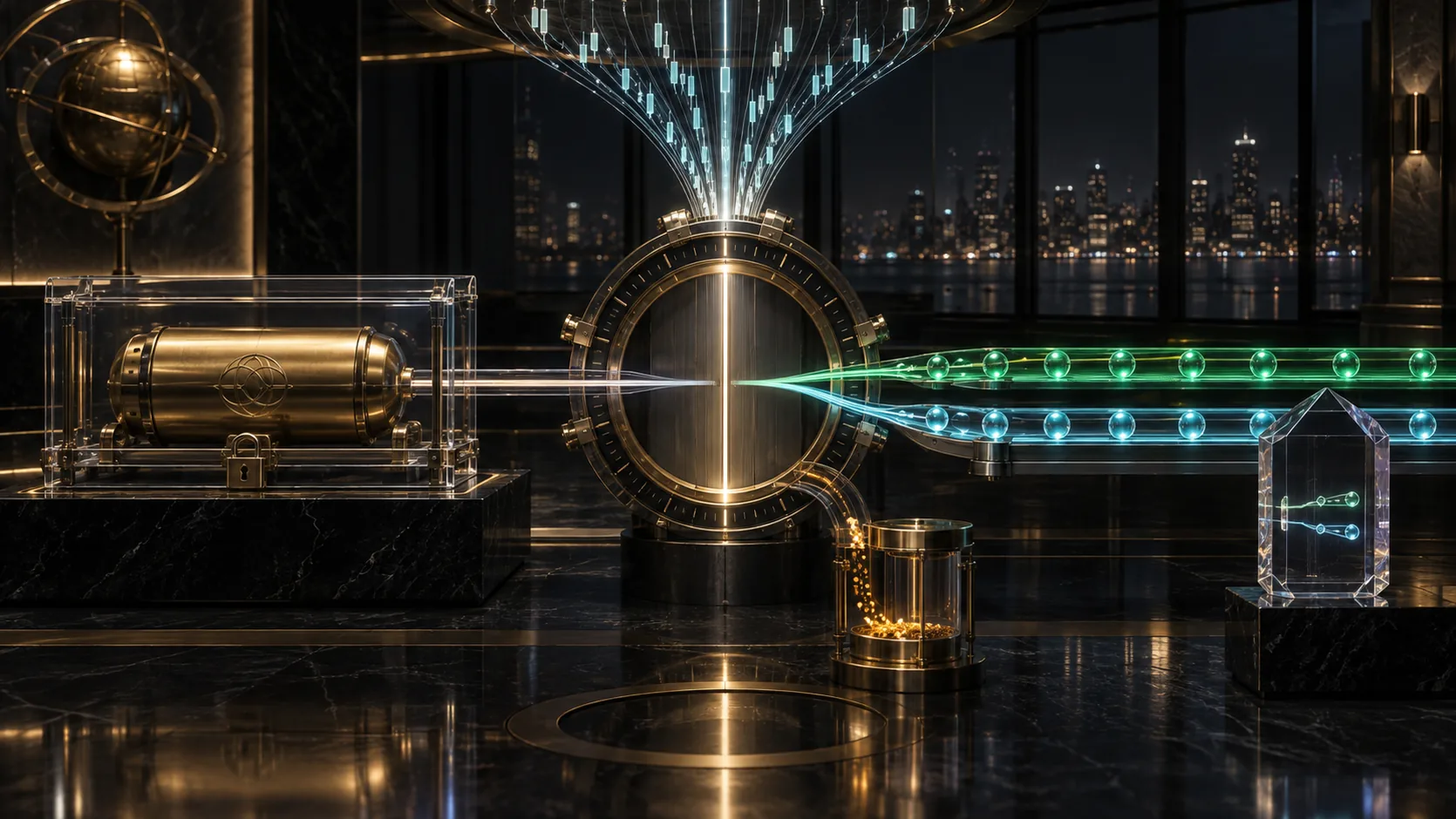 A sealed brass decision capsule waits behind an institutional time lock while synchronized market rails begin only beyond a future-close aperture and costs are deducted before allocation.